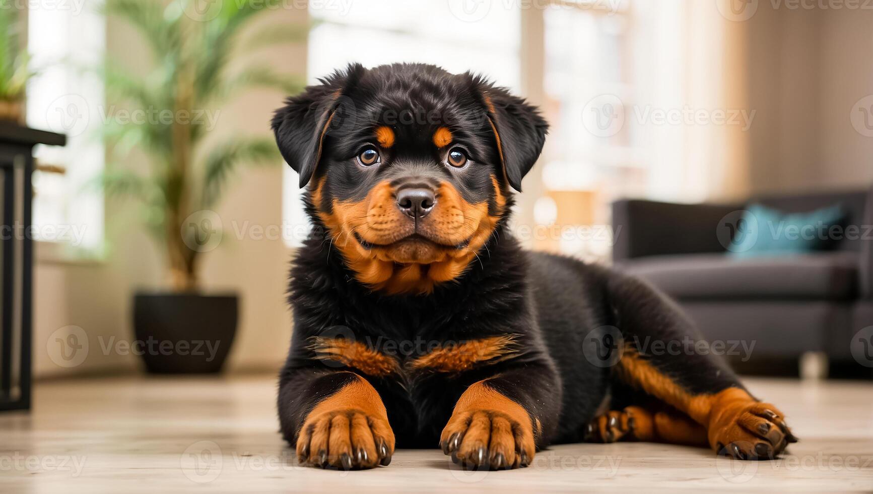 ai generiert süß Hündchen Rottweiler im das Haus foto