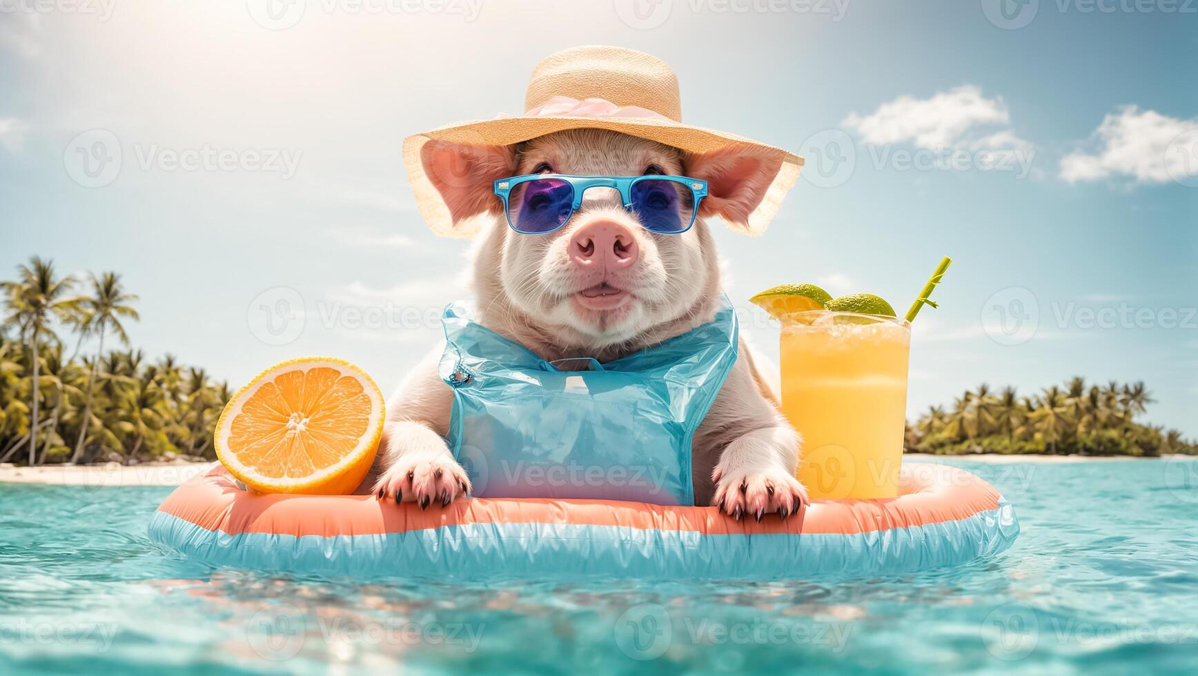 ai generiert süß Schwein im ein Schwimmen Ring haben ein Cocktail auf das Strand foto