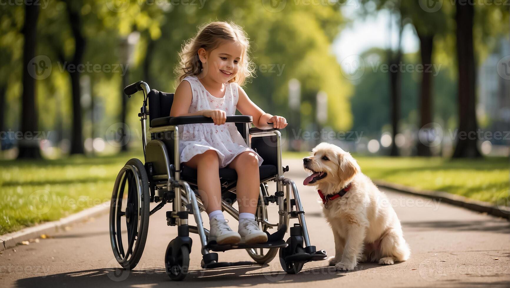 ai generiert wenig Mädchen im ein Rollstuhl auf das Straße mit ein Hund foto