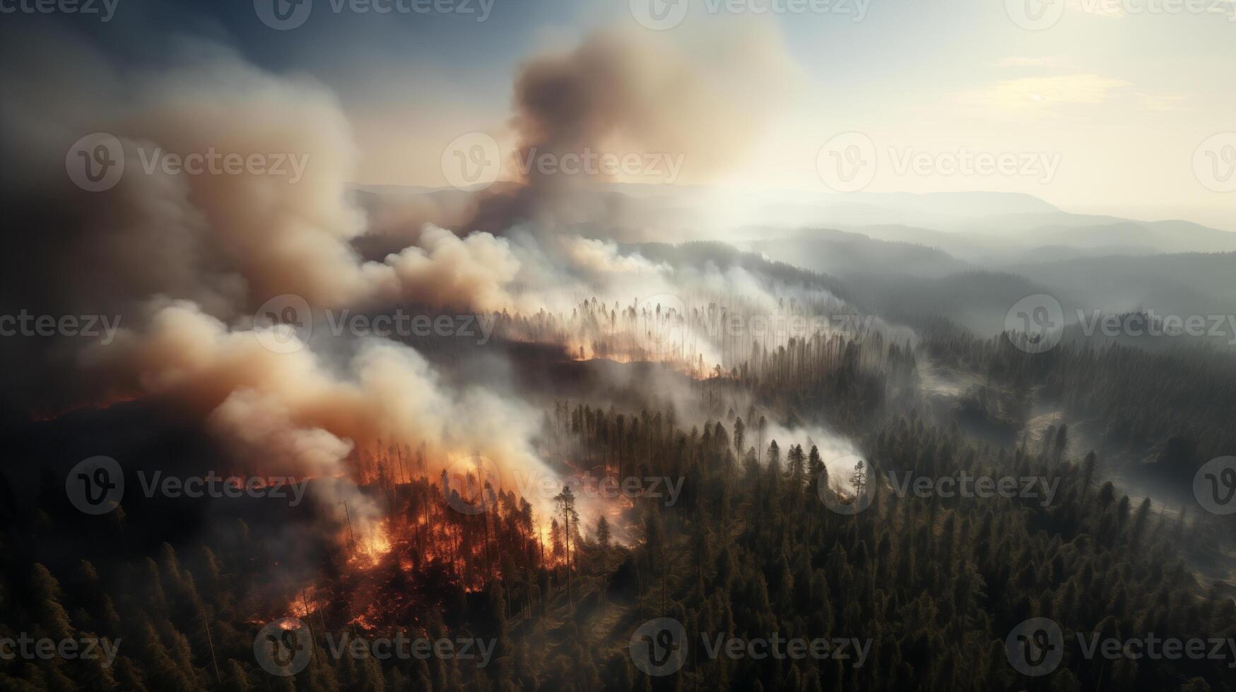 ai generiert Lauffeuer. Flamme und Rauch im das Wald. Antenne Sicht. foto