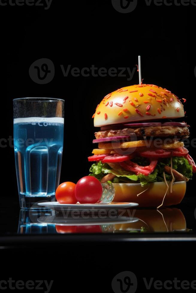 ai generiert ein einstellen von Bier zum Burger und andere Snacks auf das Tisch. dunkel Hintergrund, schnell Essen foto