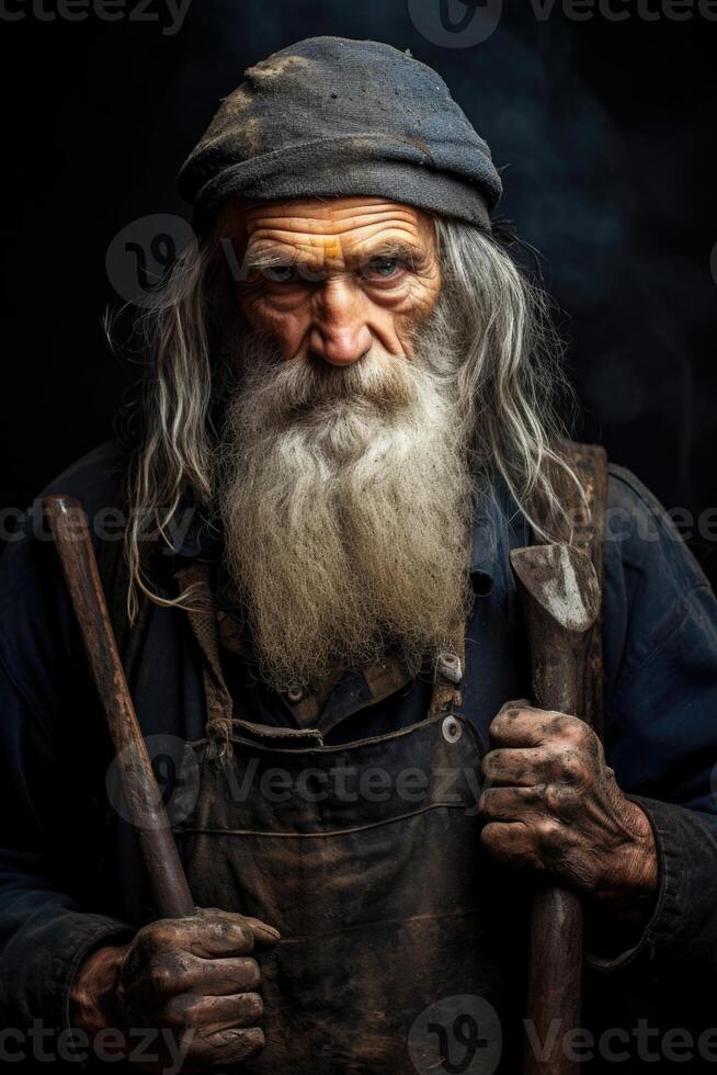 ai generiert Porträt von ein Alten männlich Fachmann Schmied auf ein schwarz Hintergrund foto