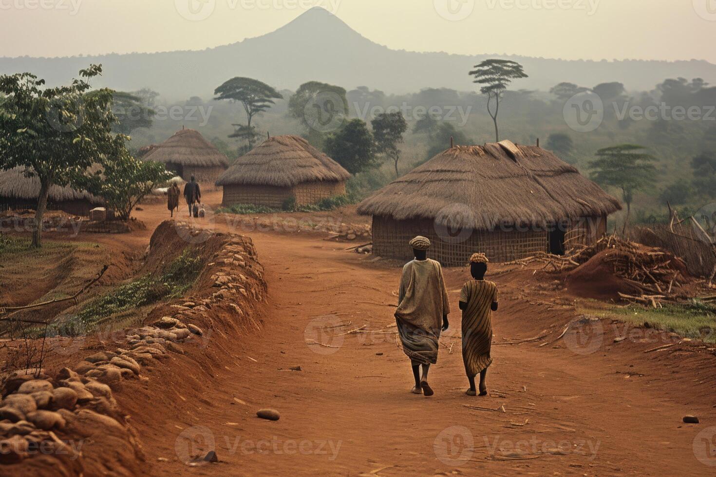 ai generiert ein afrikanisch Dorf. Menschen Gehen entlang das Straße im Afrika foto