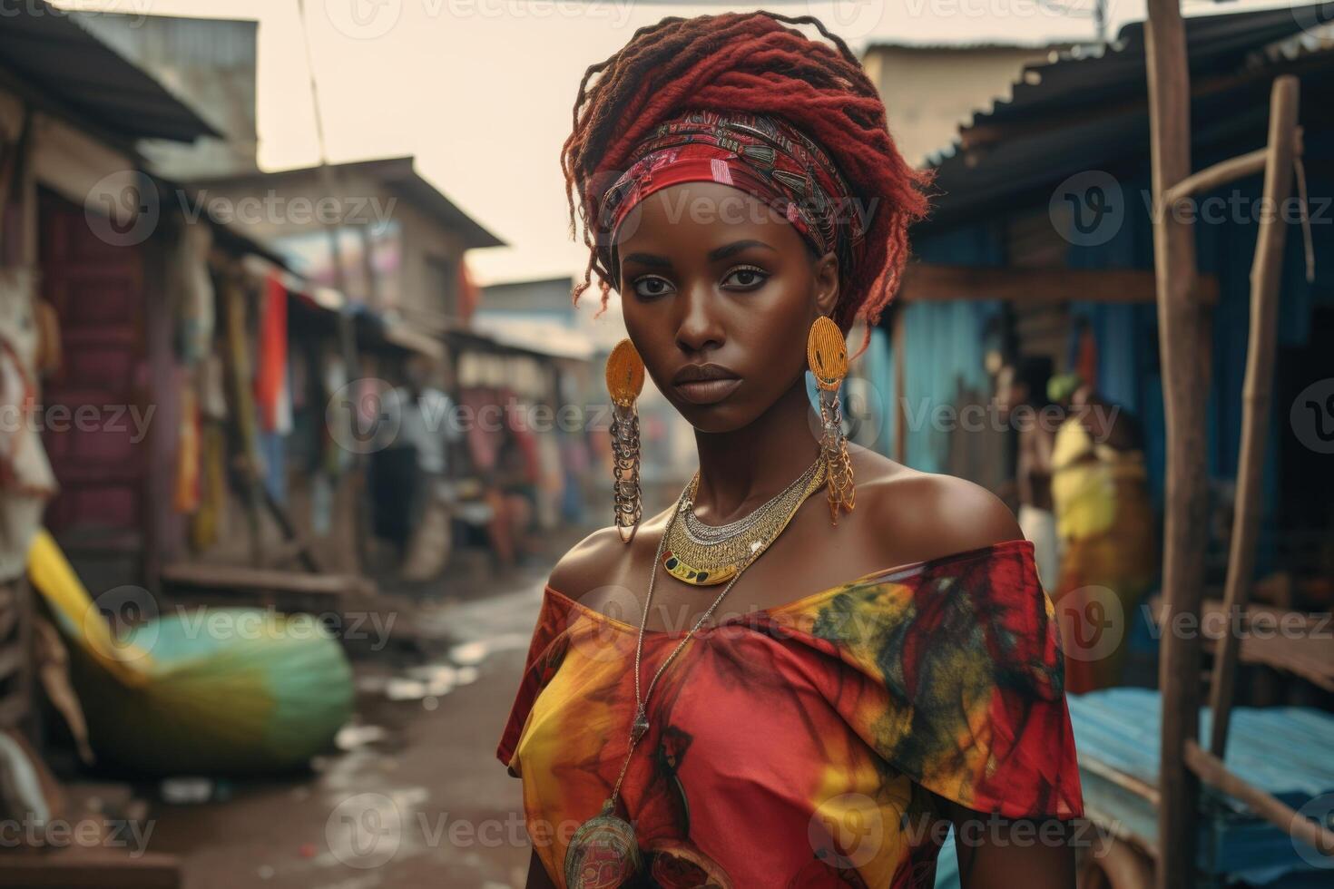 ai generiert Porträt von ein stilvoll jung Mädchen im ein afrikanisch Slum foto