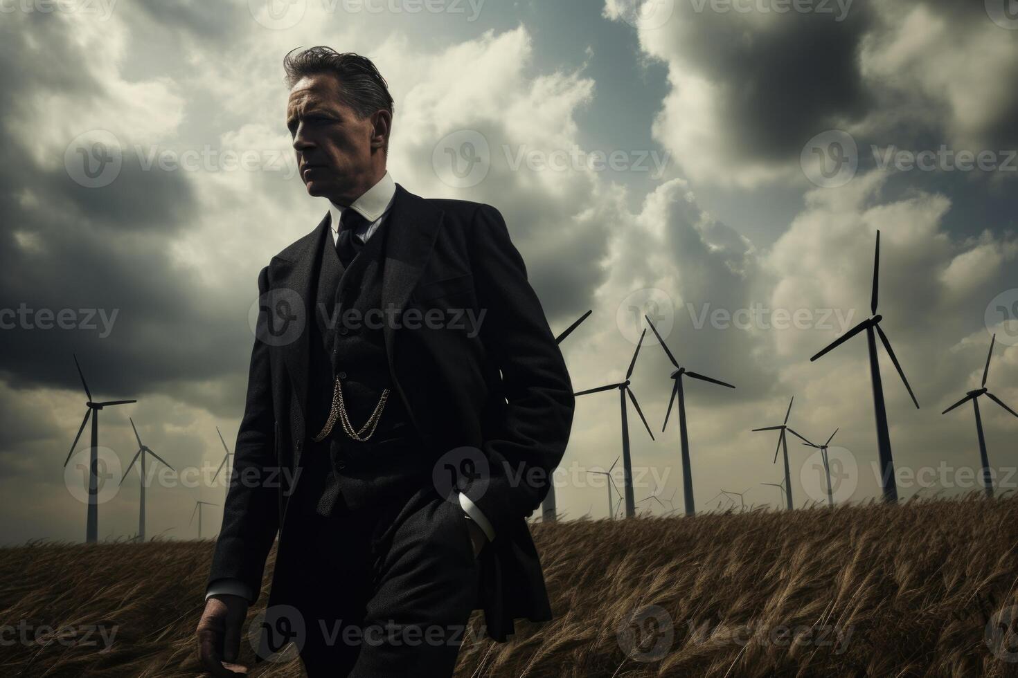 ai generiert ein Mann im ein Geschäft passen im ein Feld gegen das Hintergrund von Windmühlen. Geschäftsmann in der Nähe von das Windmühlen foto