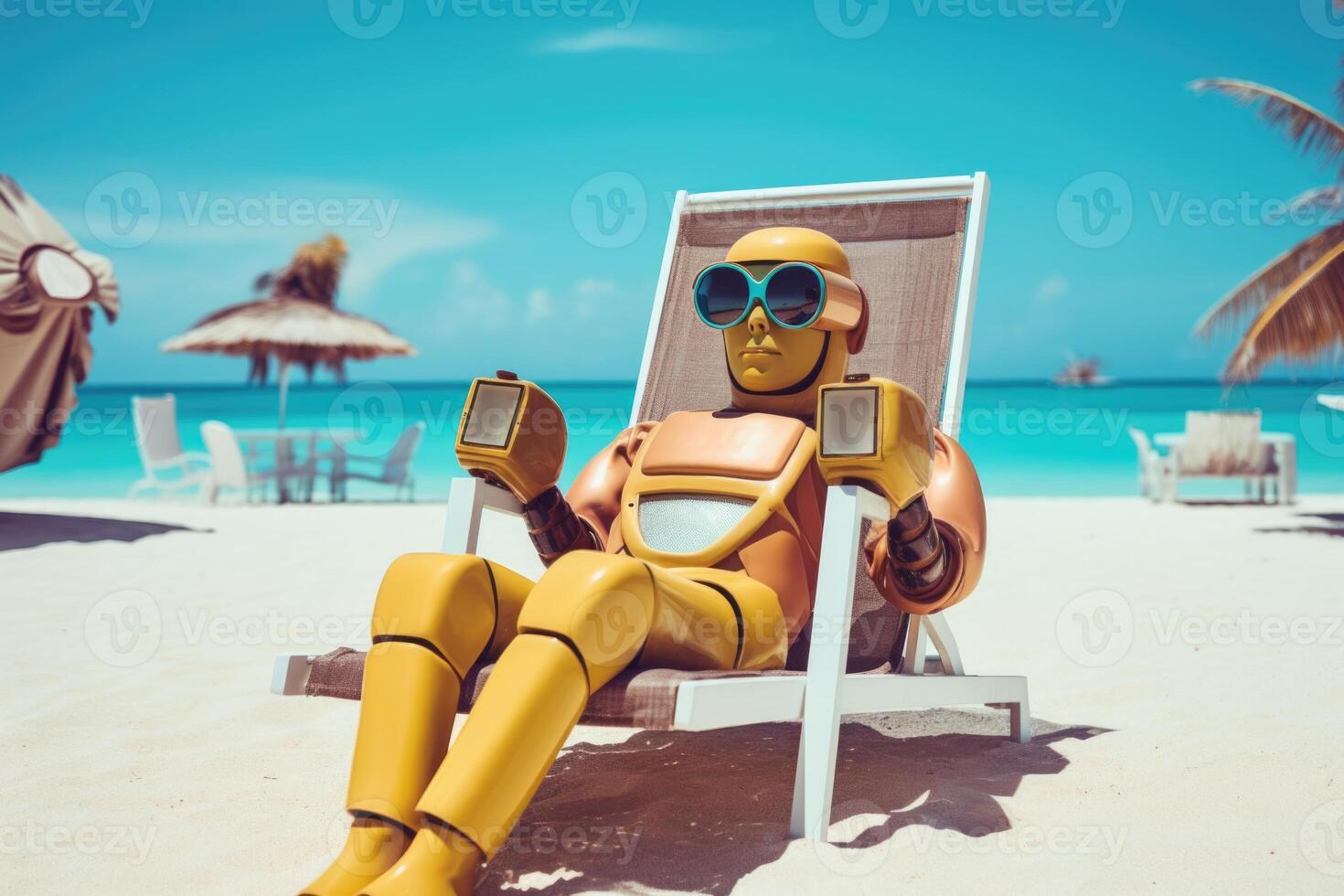 ai generiert das Roboter ist ruhen auf ein Chaise Lounge. das Roboter ist Sonnenbaden auf ein sonnig Strand in der Nähe von das Meer. Animation foto