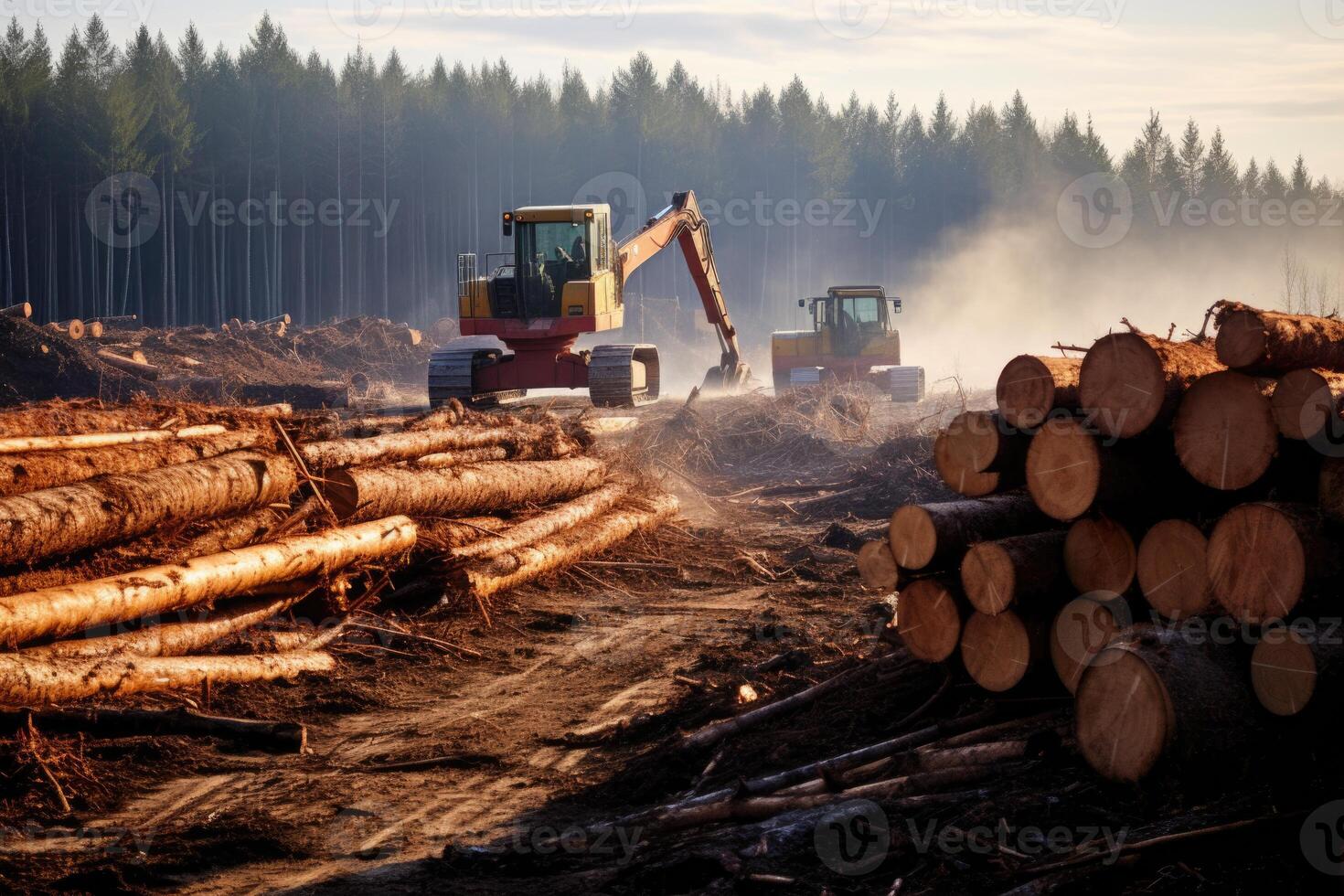 ai generiert frisch Schnitt Protokolle sind gestapelt im das Wald. Ernte von Holz im das Holzbearbeitung Industrie foto