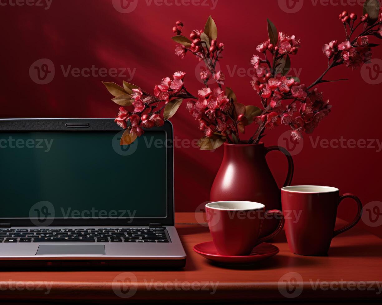 ai generiert Blume Topf neben Laptop und Kaffee Tasse, Bild von Kaffee foto