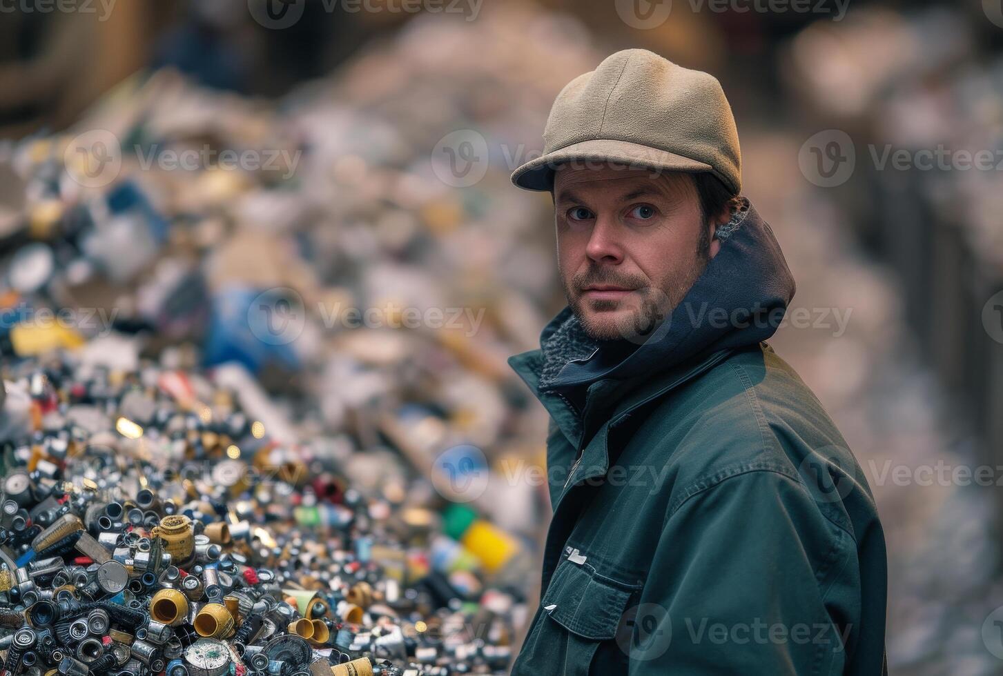 ai generiert Männer im Grün Arbeit Sortierung Müll Recycling Faktor, Verschmutzung und industriell Einschlag Bild foto