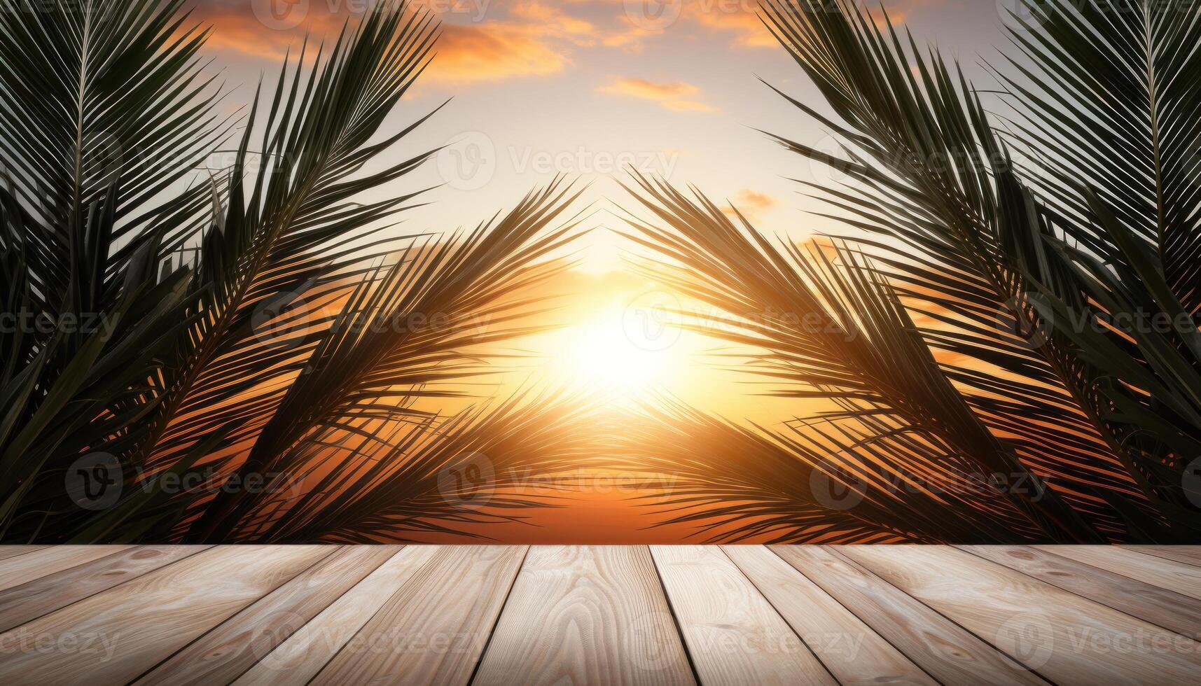 ai generiert Palme Blatt und Geäst bilden ein Kreuz auf ein hölzern Tabelle mit das warm Strahlen von Sonnenuntergang im das Hintergrund, Palme Sonntag Sonnenaufgang Sonnenuntergang Bild foto