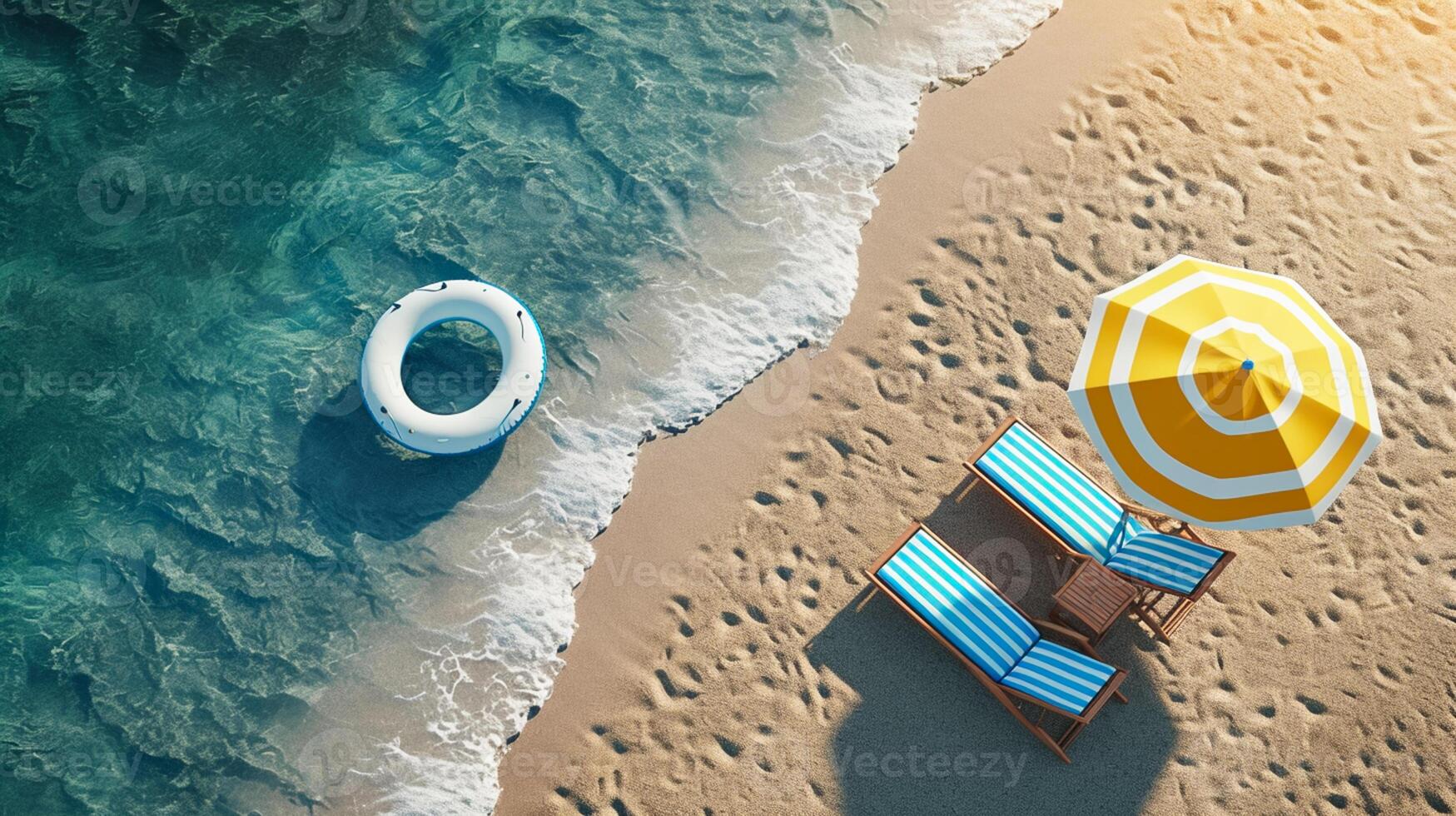 ai generiert Strand Regenschirm Stühle, aufblasbar Ring auf Strand Sand. Sommer- Ferien Konzept.top Aussicht ai generiert foto