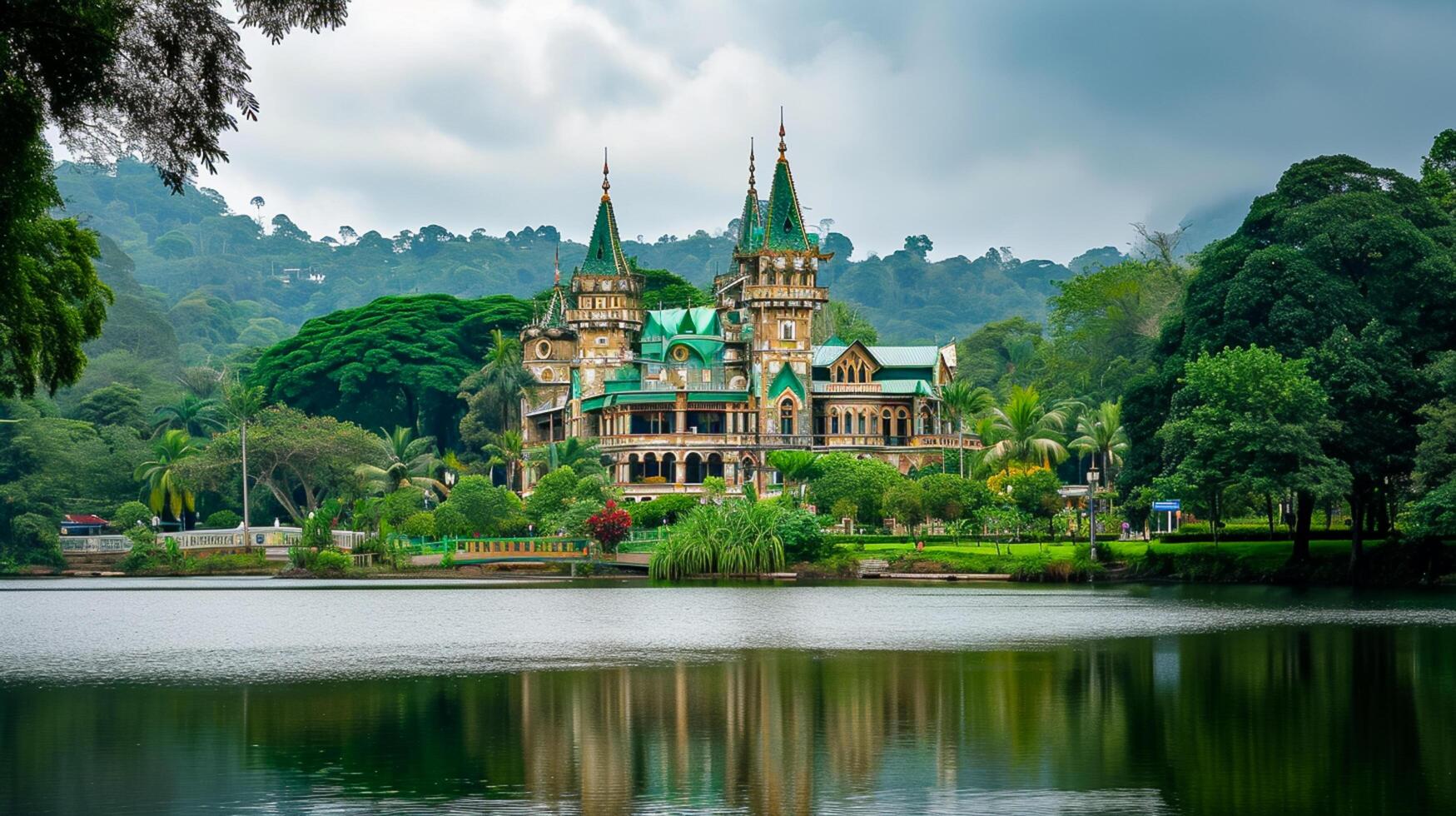 ai generiert Foto von majestätisch Schloss mögen Struktur, umgeben durch üppig Grün und heiter Körper von Wasser. das Gebäude mehrere Türme mit spitz Dächer, und Grün Dächer. ai generiert