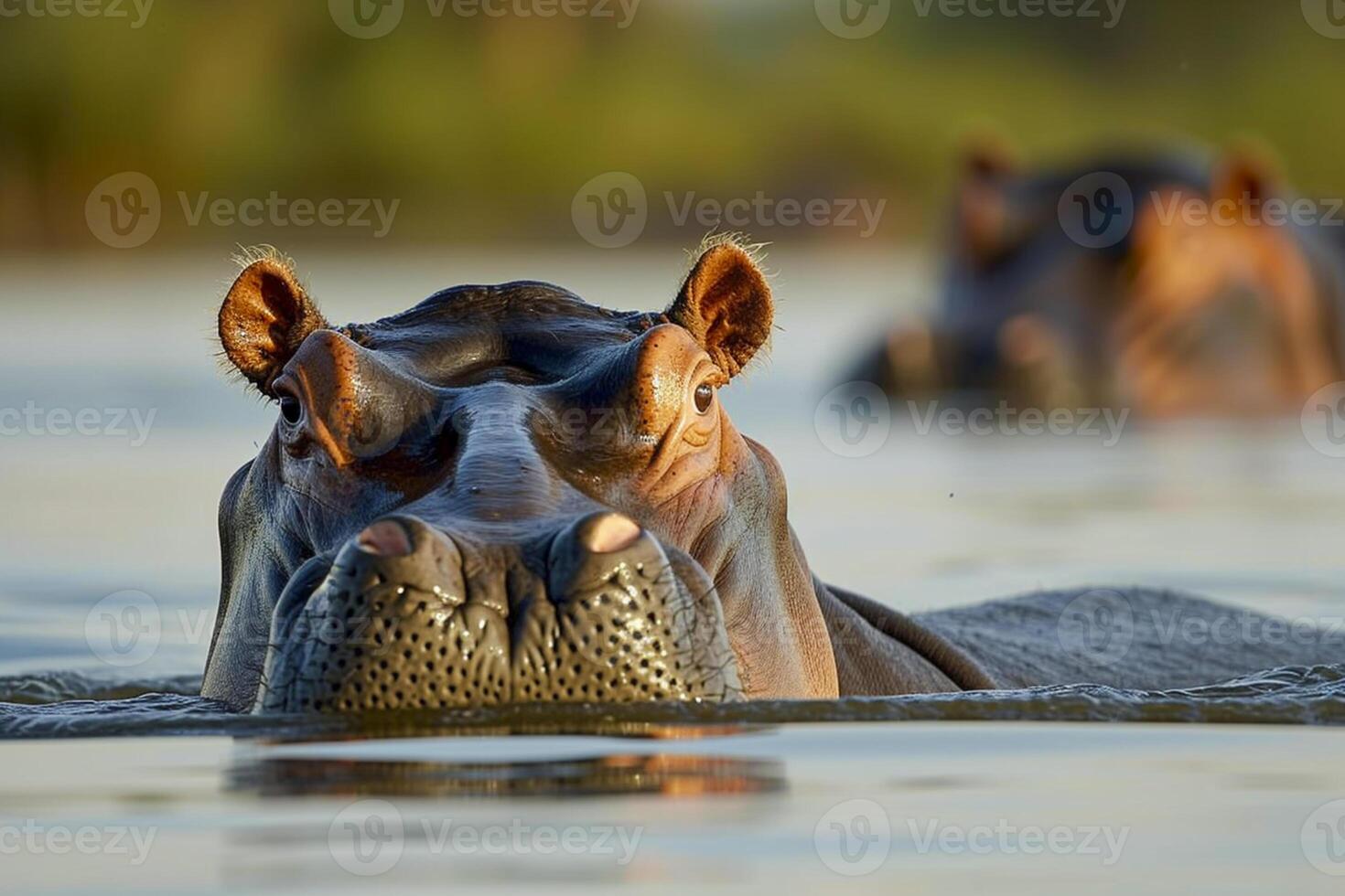 ai generiert Nilpferd Kopf entstehenden von das Wasser. das Wasser hat sanft Wellen, Anzeige Ruhe ai generiert foto