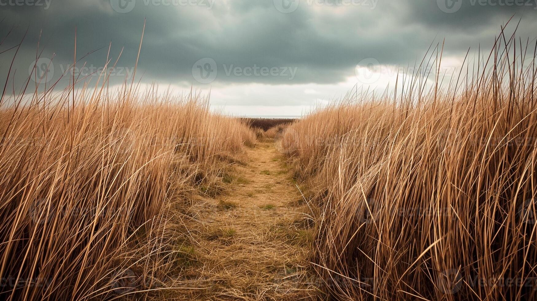 ai generiert eng Weg Schneiden durch hoch Gras. das Gras auf entweder Seite von das Pfad sind dicht und erscheinen zu Sein schwankend, geben dynamisch Gefühl zu das Szene. ai generiert foto