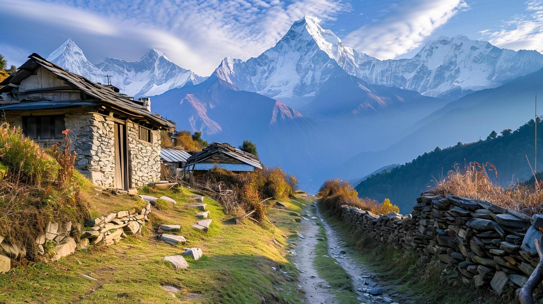 ai generiert still Landschaft Szene eng Schmutz Pfad führen Vergangenheit alt Stein und Holz Strukturen, mit das majestätisch Schnee gekappt Berge im das Hintergrund unter teilweise wolkig Himmel. ai generiert foto