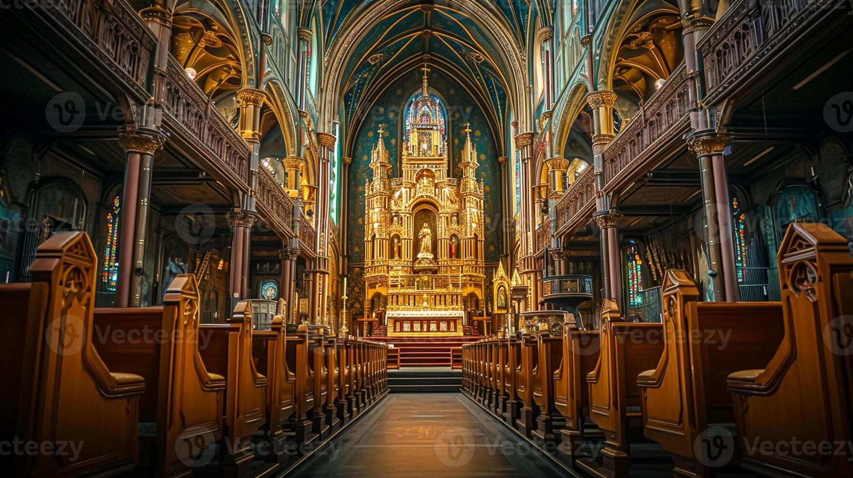 ai generiert Foto von das Innere von großartig Kirche mit kompliziert architektonisch Einzelheiten. Holz Kirchenbänke sind ausgerichtet im Reihen führen oben zu das Altar ai generiert