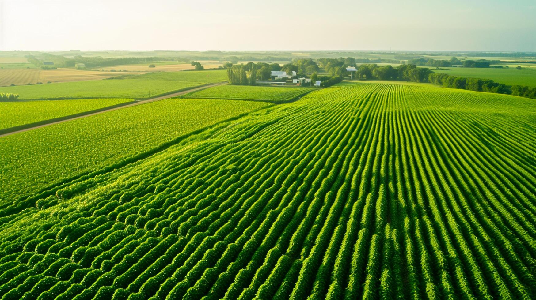 ai generiert oben Antenne Aussicht von Grün Felder und Wiesen, Landschaft mit Linien von Felder, Gras, Bäume, Anzeige gesund Ernte Wachstum. ai generiert foto