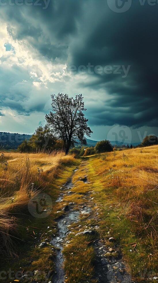 ai generiert Weg im das Mitte von grasig Feld unter wolkig Himmel ai generiert foto