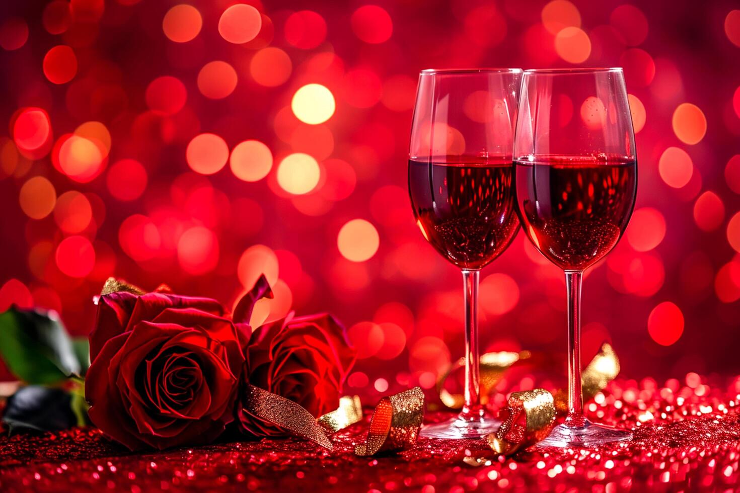 ai generiert Valentinstag Tag oder romantisch Konzept. zwei Brille Ranke mit Rose rot Bokeh Hintergrund ai generiert foto