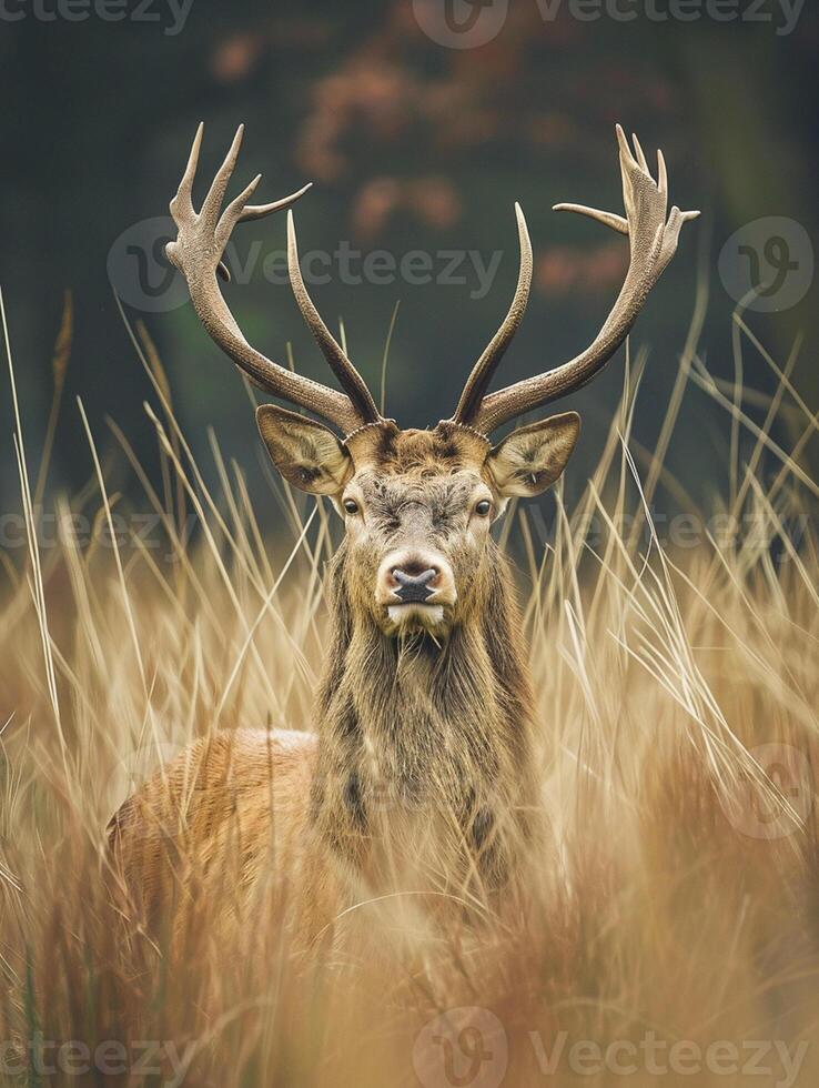 ai generiert majestätisch Hirsch Stehen inmitten groß, wild Gräser ai generiert foto