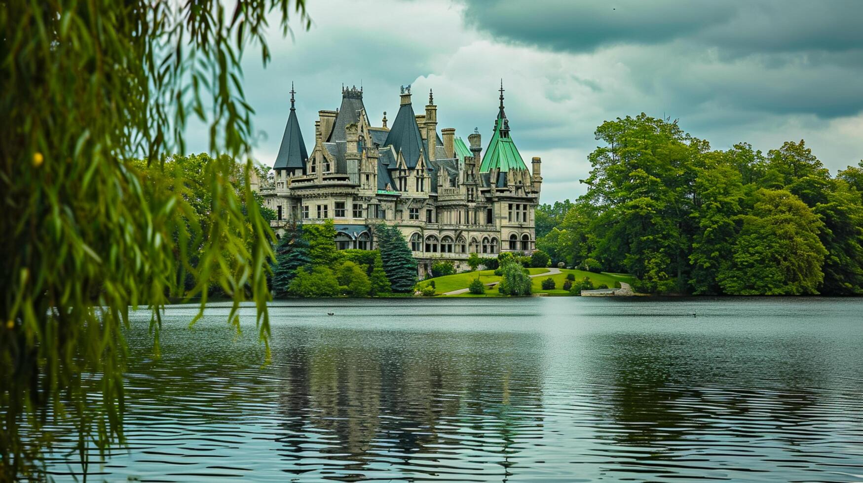 ai generiert Foto von majestätisch Schloss mögen Struktur, umgeben durch üppig Grün und heiter Körper von Wasser. das Gebäude mehrere Türme mit spitz Dächer, und Grün Dächer. ai generiert