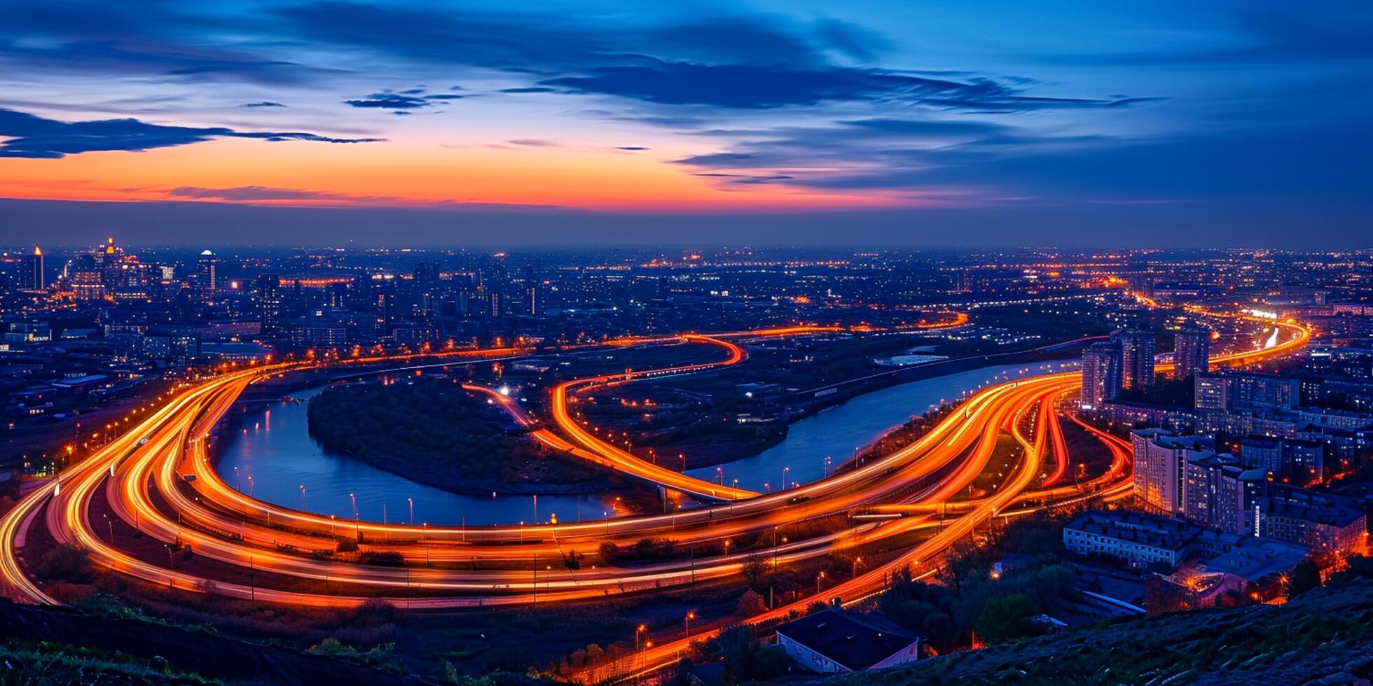 ai generiert Foto von Stadtbild während Dämmerung mit Fluss durch Teil von das Stadt. das Himmel das Beginn von Abend, Straßenlichter Bildung hell Orange Weg zu das städtisch Landschaft ai generiert