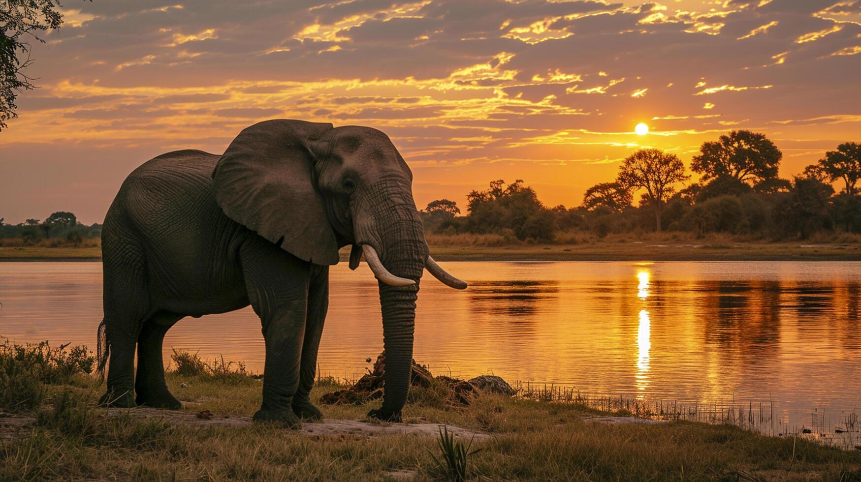 ai generiert Elefant Stehen durch ein Wasser Körper beim Sonnenuntergang ai generiert foto