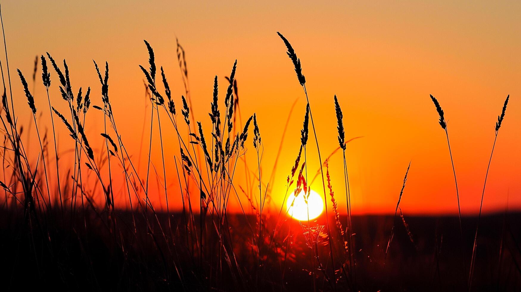 ai generiert Foto von silhouettiert wild Gras gegen beschwingt Sonnenuntergang. das Himmel tief Orange in der Nähe von das Horizont zu Feuerzeug Farbton wie es steigt auf, Anzeige das Sonne Rahmen ai generiert