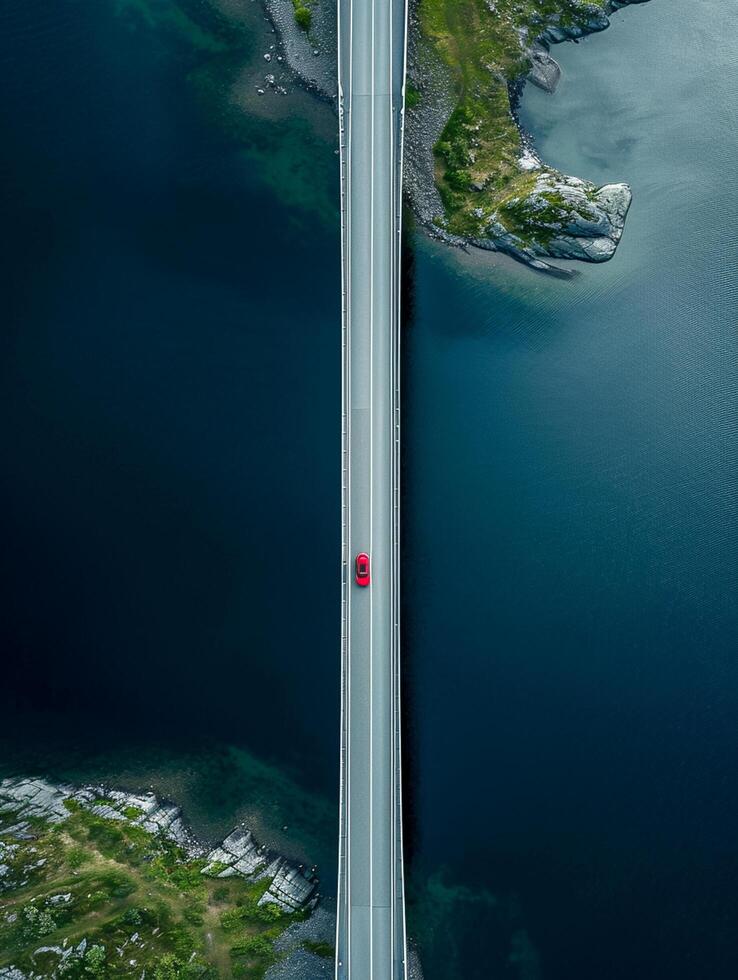 ai generiert Antenne Aussicht erfasst lange Brücke Das erstreckt sich über dunkel Blau Körper von Wasser ai generiert foto