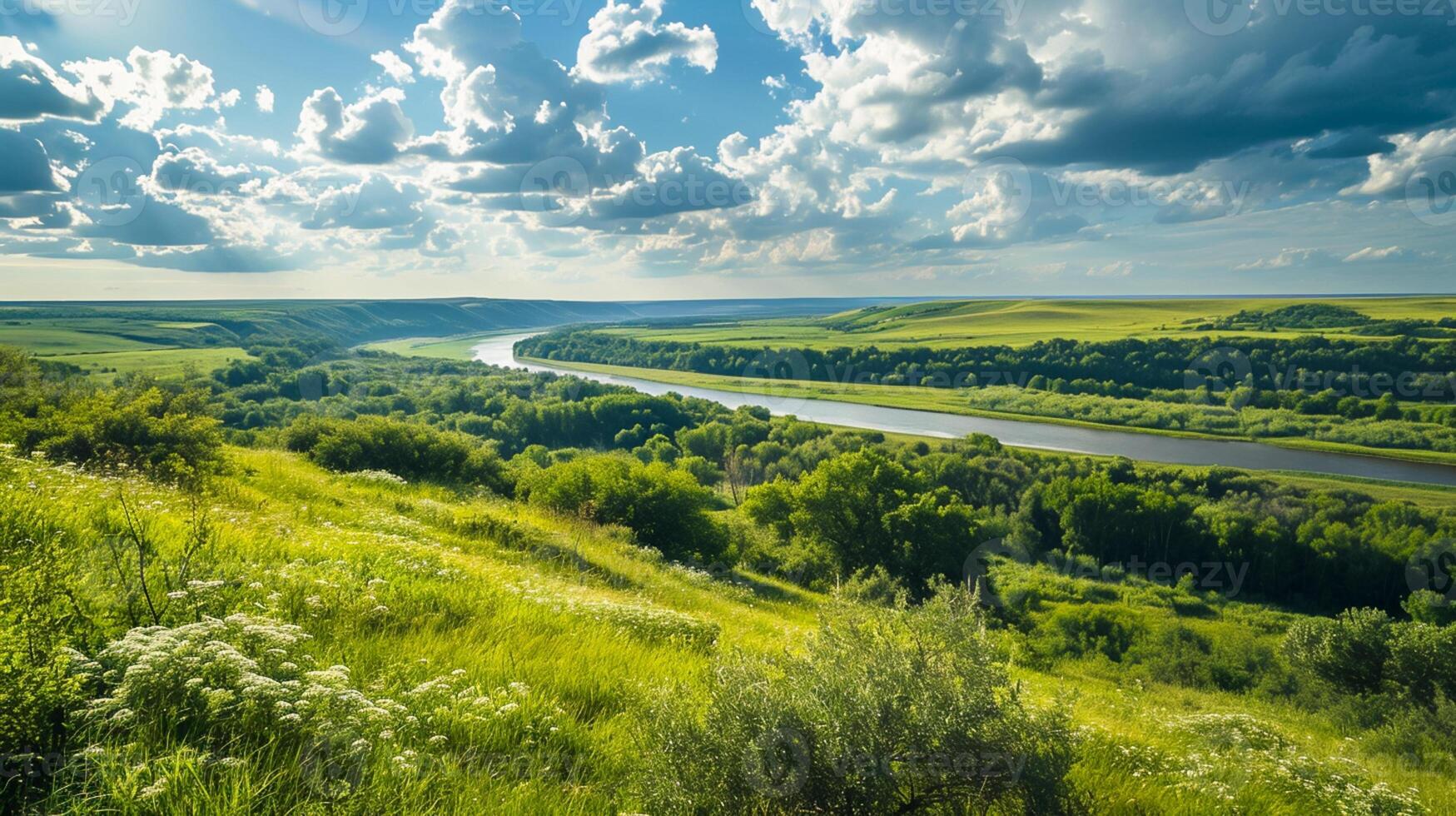 ai generiert Foto riesig Prärie mit Grün Gras, breit Fluss im das Distanz, und üppig Wald auf beide Seiten, lange Exposition ai generiert