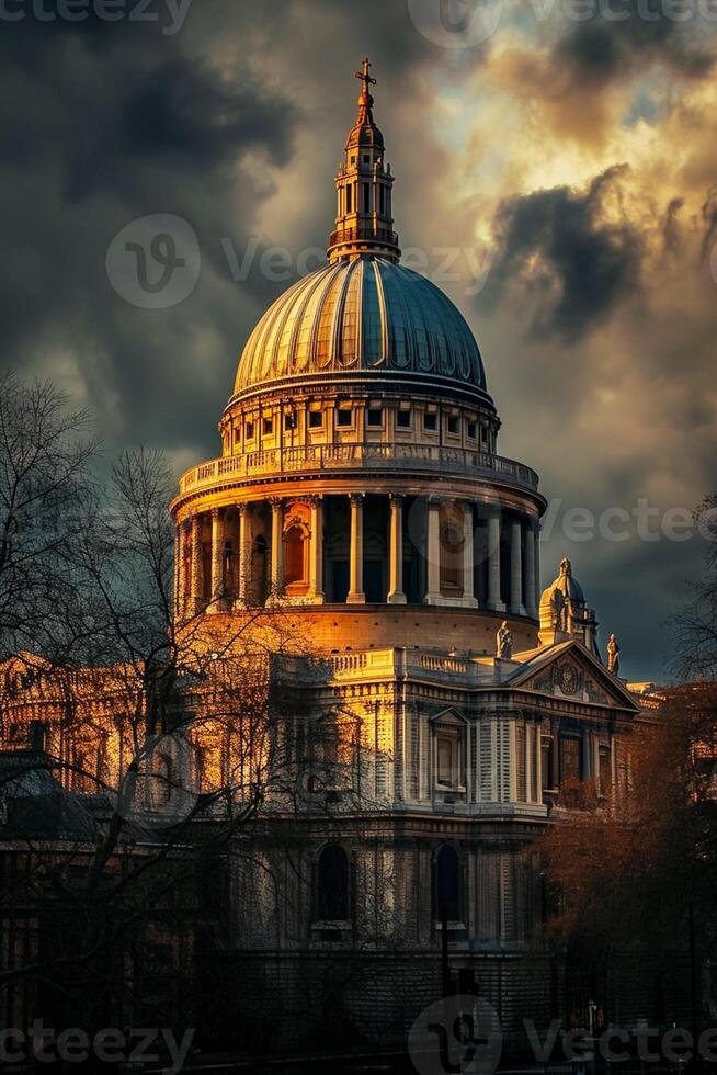 ai generiert das Kathedrale ist beleuchtet durch Sonnenlicht, architektonisch Einzelheiten. groß ikonisch Kuppel Das ist gleichbedeutend mit das Struktur ai generiert foto