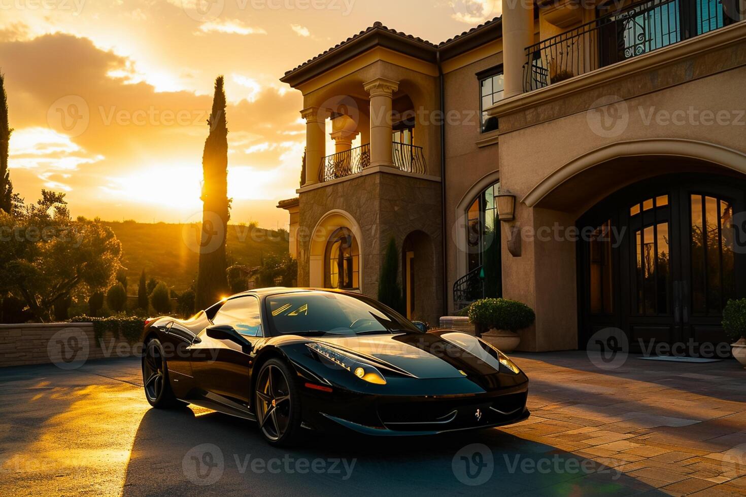 ai generiert Sport Auto geparkt im Vorderseite von ein Luxus Residenz durch Sonnenuntergang, Luxus Leben ai generiert foto