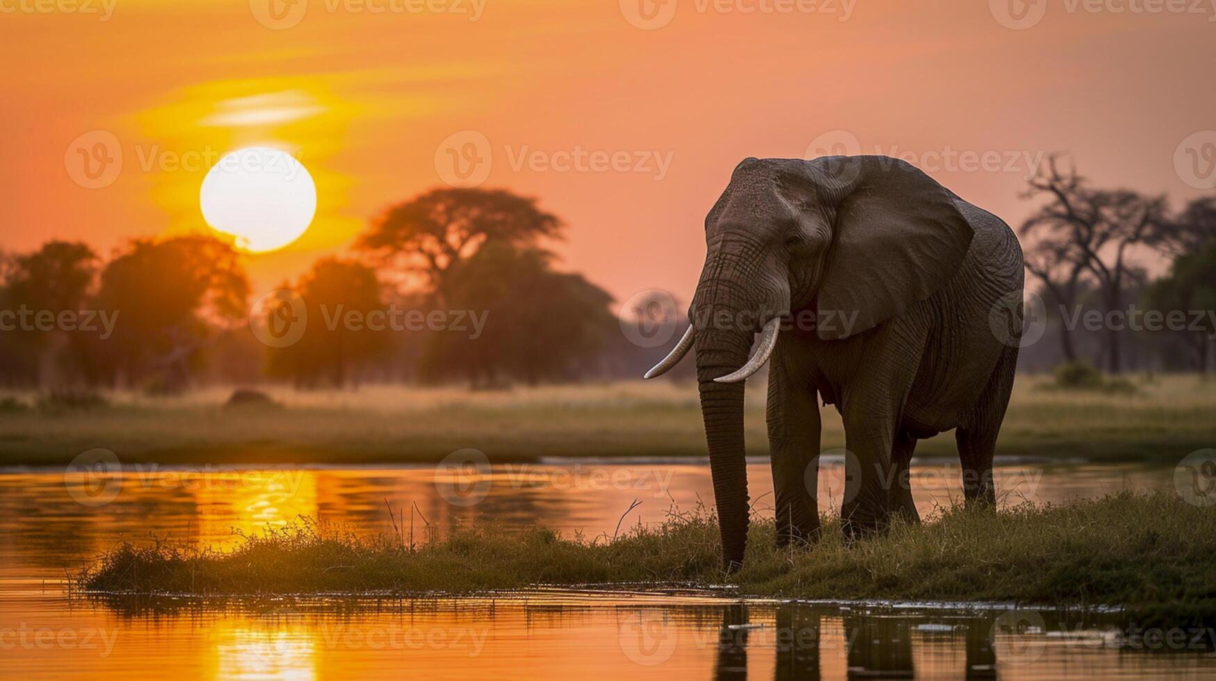 ai generiert Elefant Stehen durch ein Wasser Körper beim Sonnenuntergang ai generiert foto