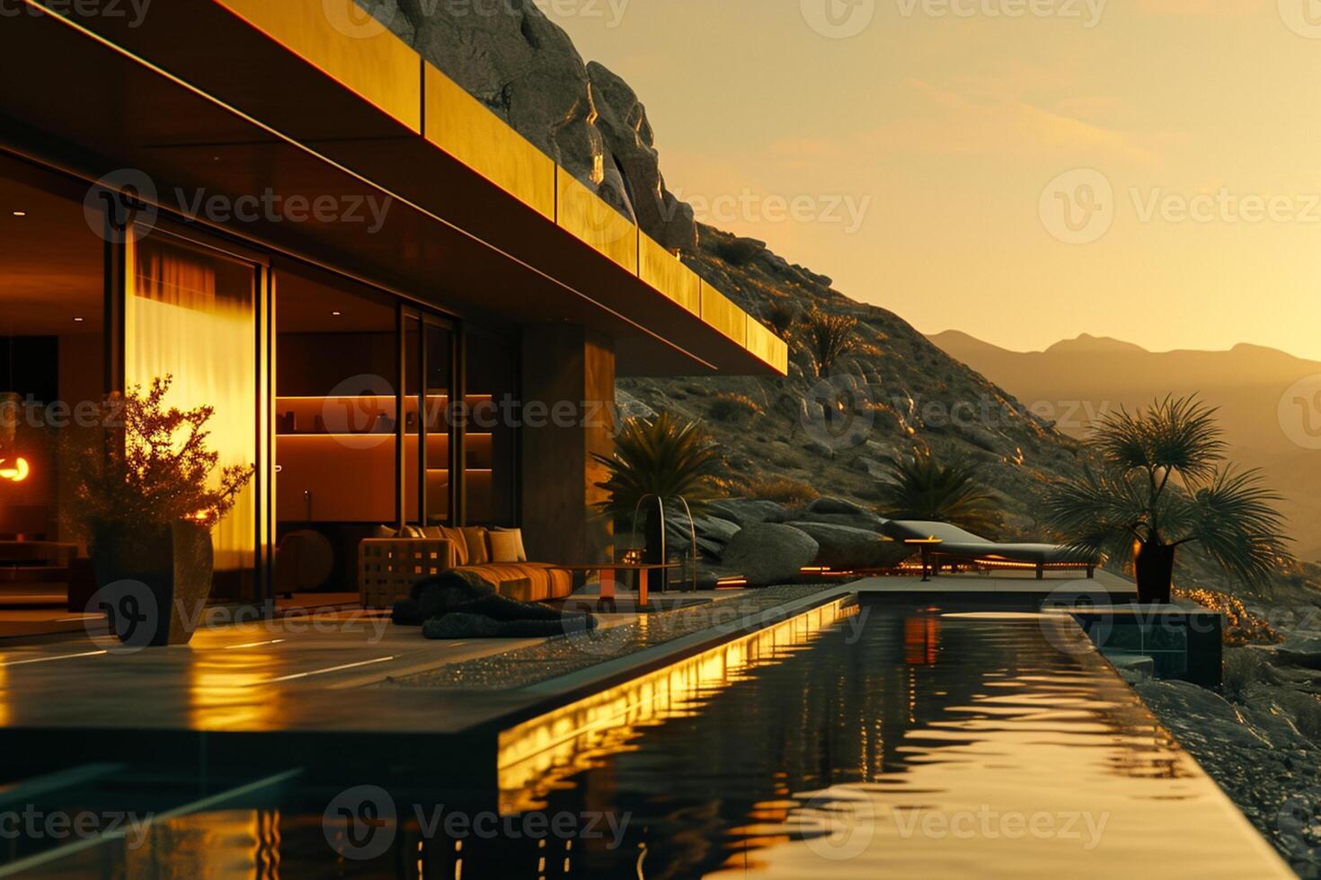 ai generiert Luxus golden Haus Außen im das Wüste, heiter ozeanisch Aussicht ai generiert foto