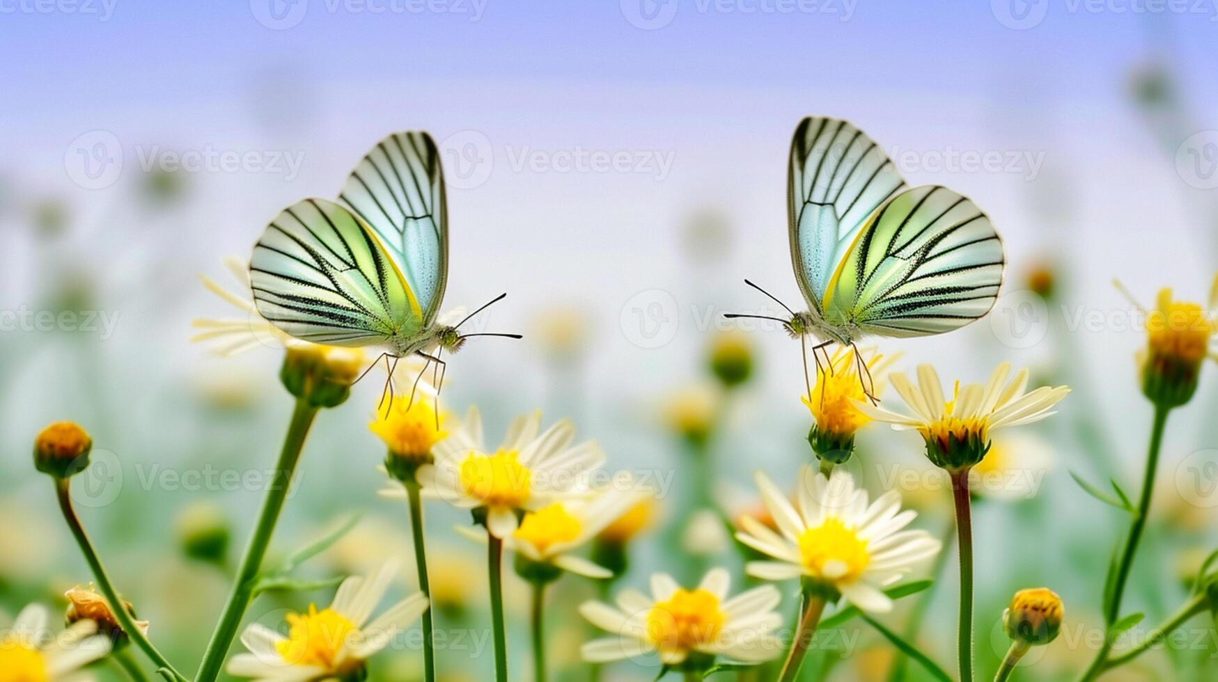 ai generiert Foto selektiv Fokus Schuss von ein schön Schmetterling Sitzung auf ein Ast mit klein Gelb Blumen ai generiert