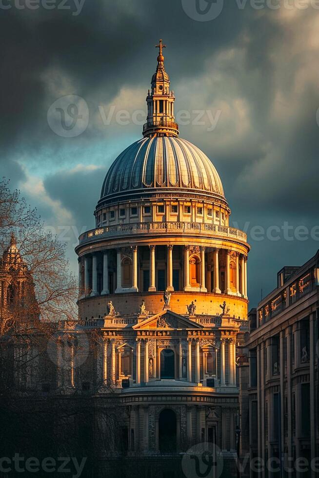 ai generiert das Kathedrale ist beleuchtet durch Sonnenlicht, architektonisch Einzelheiten. groß ikonisch Kuppel Das ist gleichbedeutend mit das Struktur ai generiert foto