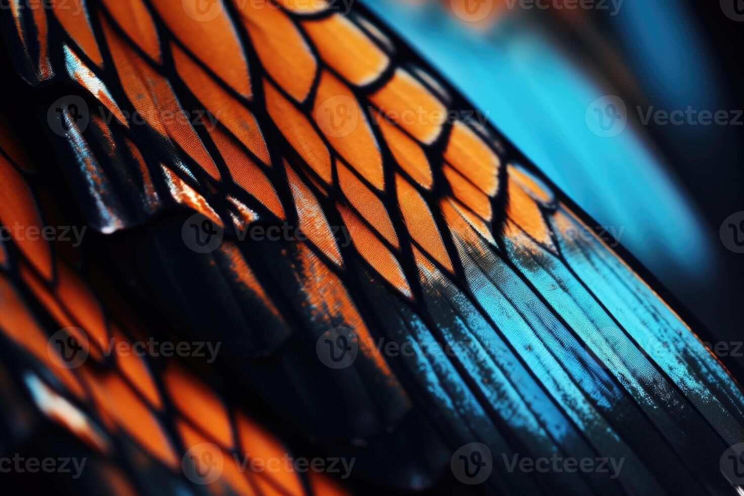 ai generiert Nahansicht Schmetterling Flügel mit Blau und Orange Farben auf schwarz Hintergrund foto