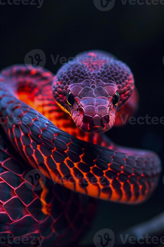 ai generiert beschwingt Bild von ein Schlange mit Waage Das sind beleuchtet im beschwingt rot und dunkel Töne ai generiert foto