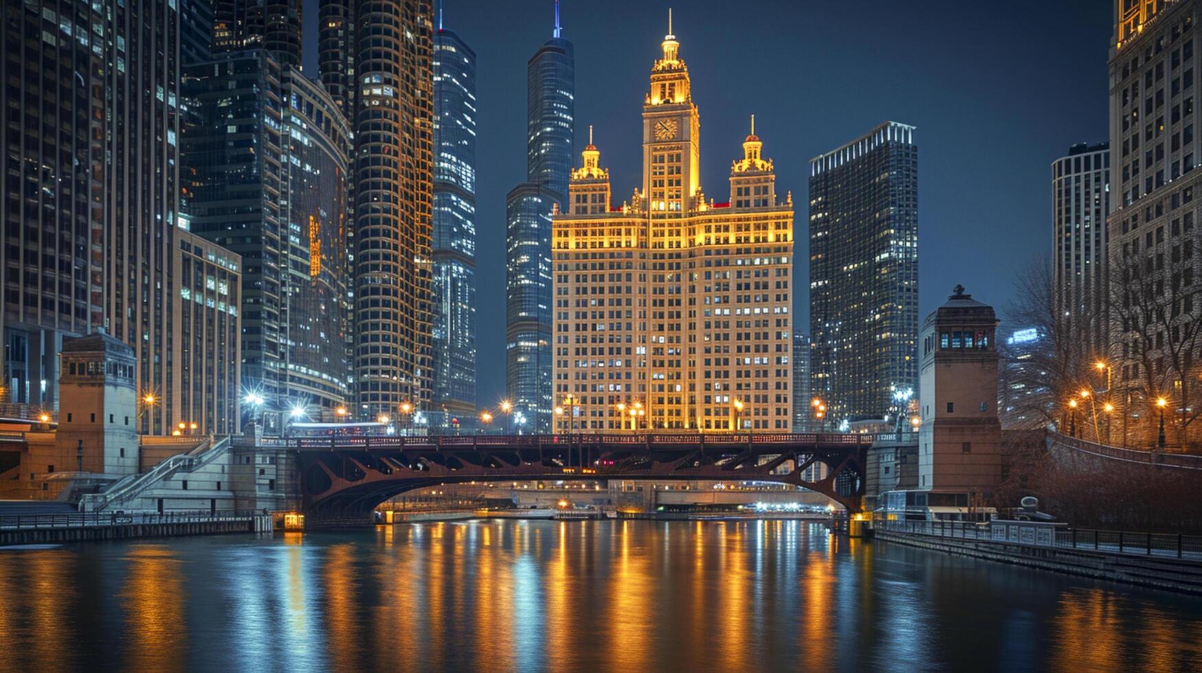 ai generiert Nachtzeit Stadtbild mit hoch Gebäude, ein Brücke, und ein Fluss ai generiert foto