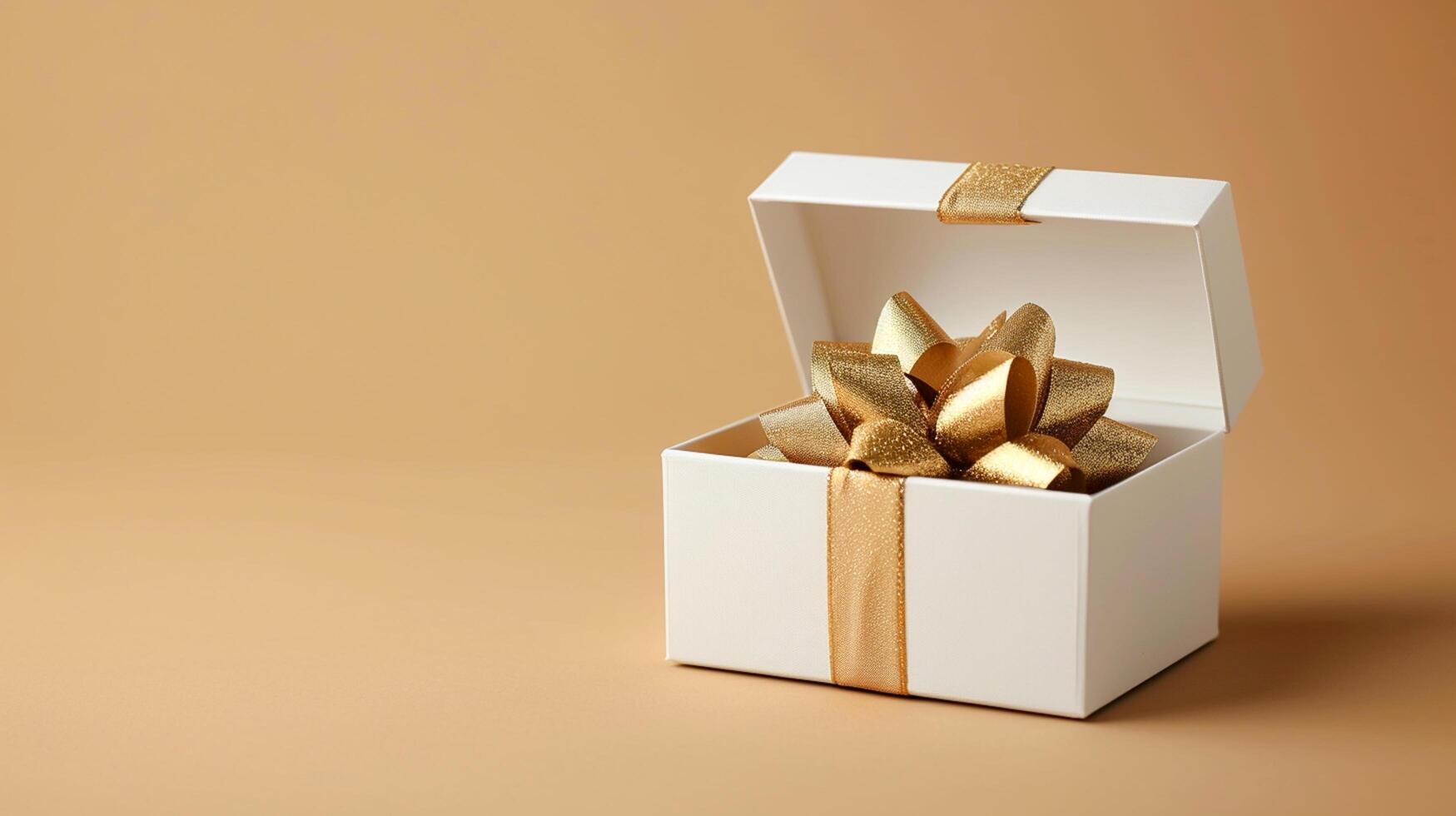 ai generiert golden Geschenk oben Aussicht von 3d Luxus Geschenk Box mit Band, leeren Raum, ai generiert foto