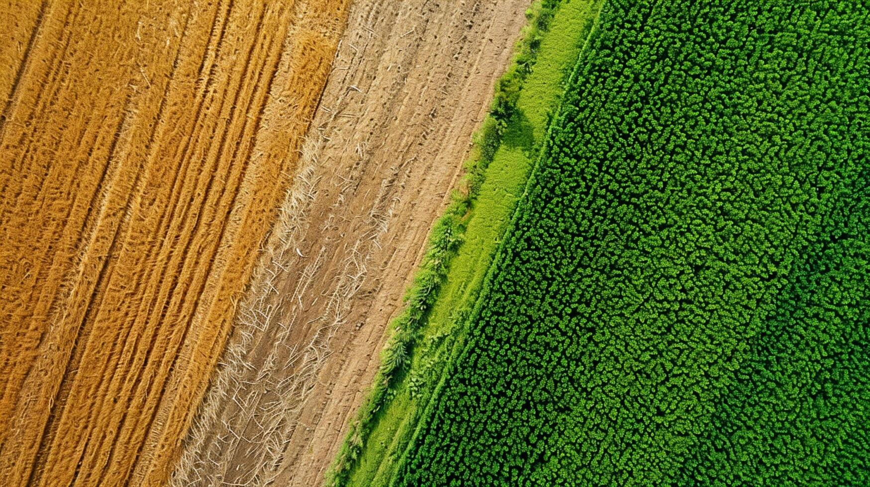 ai generiert Foto zwei benachbart landwirtschaftlich Felder, einer unfruchtbar und das andere üppig grün. das unfruchtbar Feld sollte haben braun Boden und sichtbar Traktor Linien Anzeige kürzlich Anbau. ai generiert