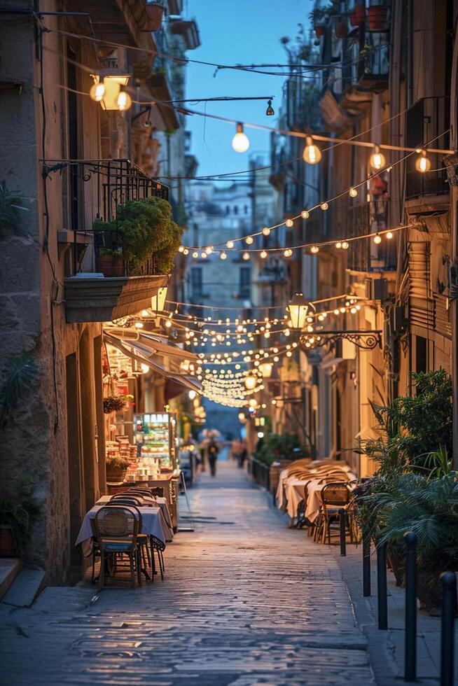 ai generiert Gasse beleuchtet hängend Licht flankiert Restaurants und Cafés während das Abend ai generiert foto