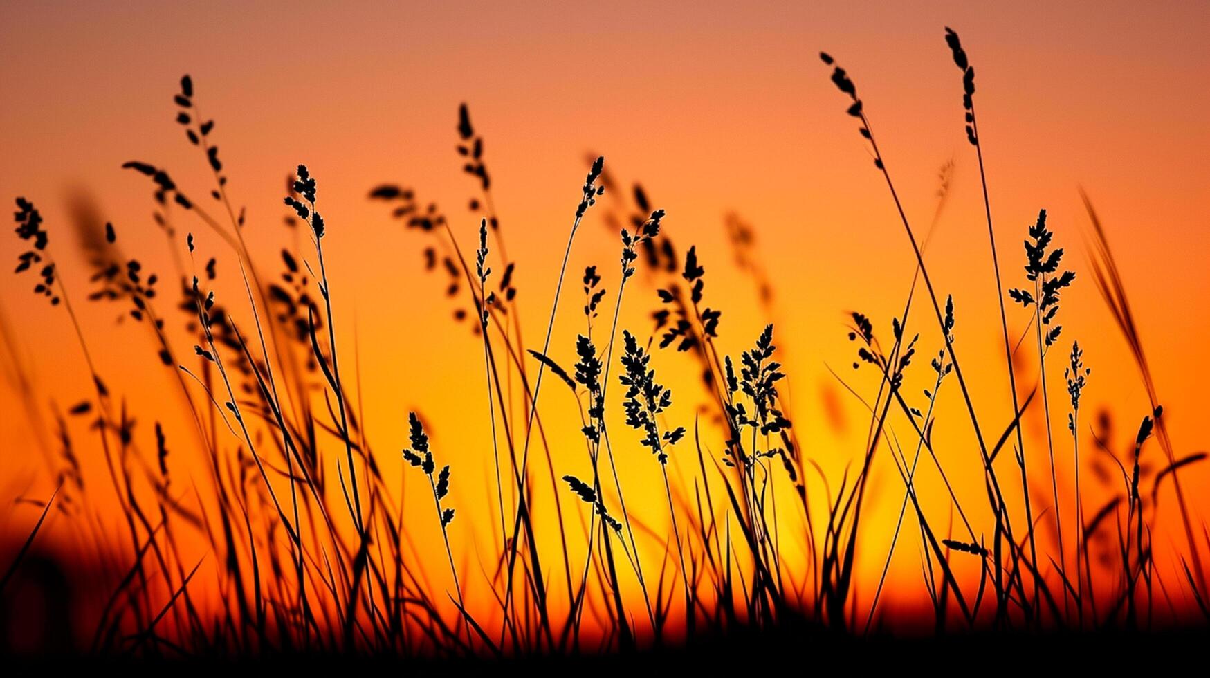 ai generiert Foto von silhouettiert wild Gras gegen beschwingt Sonnenuntergang. das Himmel tief Orange in der Nähe von das Horizont zu Feuerzeug Farbton wie es steigt auf, Anzeige das Sonne Rahmen ai generiert