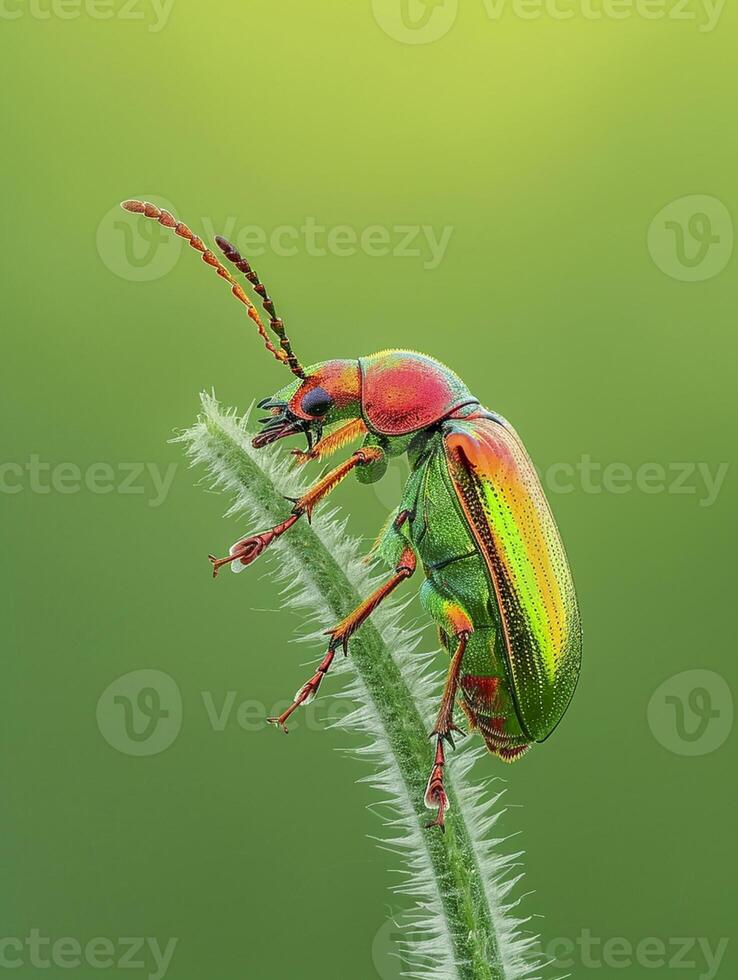 ai generiert beschwingt, bunt Käfer thront auf ein Grün Stengel gegen ein Sanft Grün Hintergrund ai generiert foto