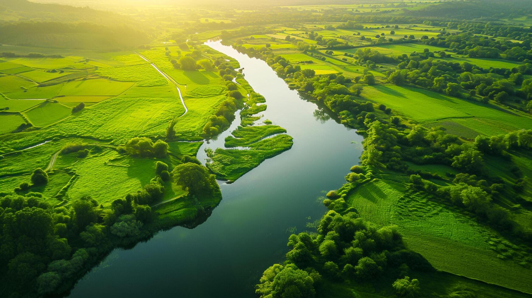 ai generiert üppig Grün Landschaft geschnitten durch Ruhe Fluss, das Sonne Gießen lange Schatten. das Fluss sollte Mäander durch das Landschaft, reflektieren das Himmel und Umgebung Grün ai generiert foto