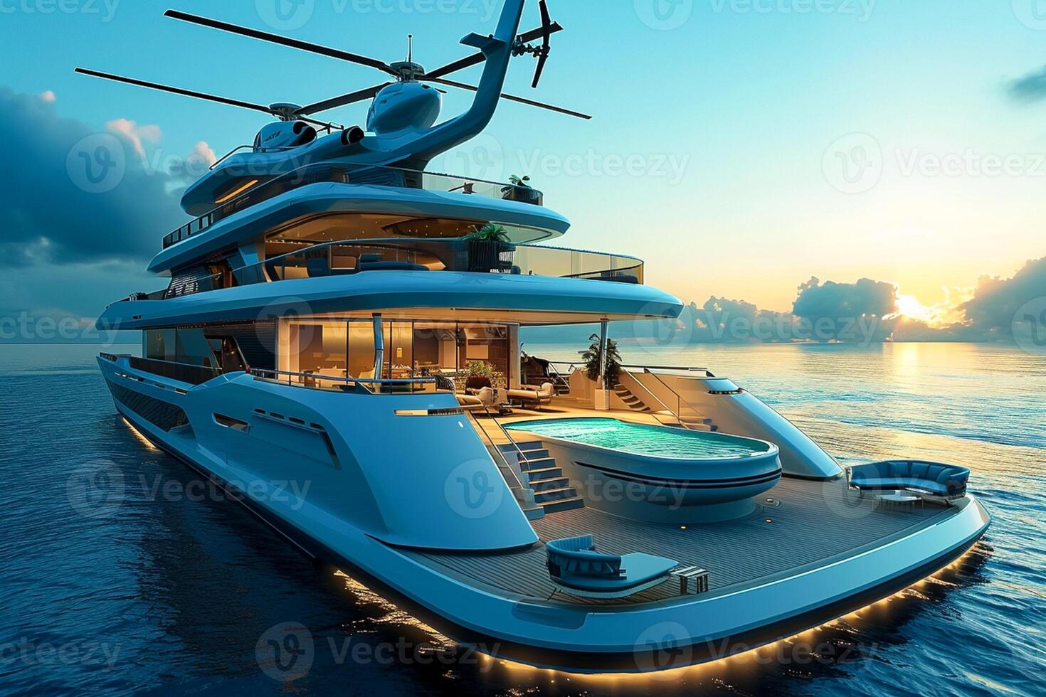 ai generiert 3d Illustration von ein Luxus Super Yacht mit ein Hubschrauber Schwimmen Schwimmbad und ein Whirlpool ai generiert foto