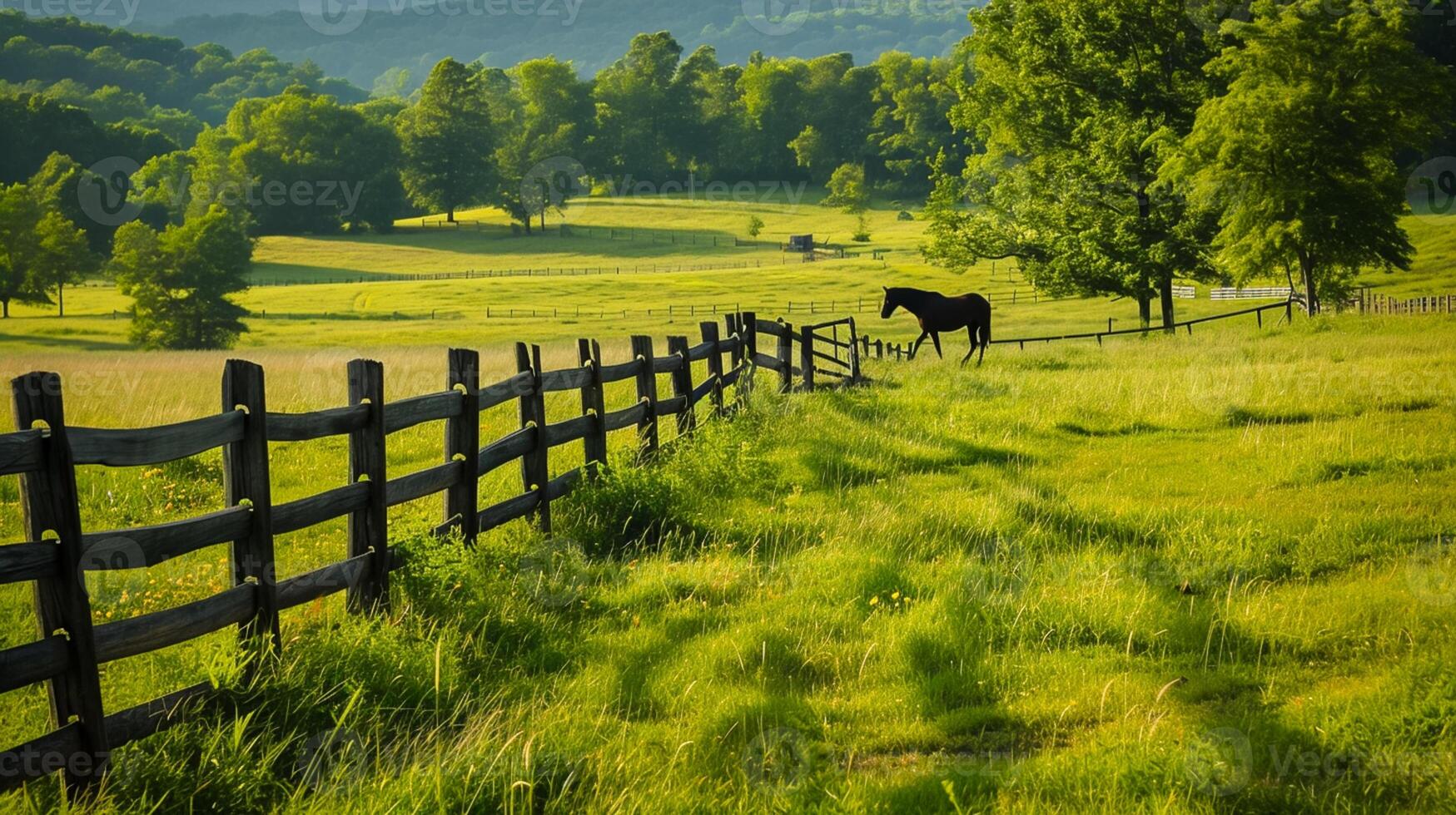 ai generiert Teilt Schiene Zaun erstreckt sich über das Landschaft, Teilen das üppig Grün Felder, und Pferd weidet friedlich nahe, lange Exposition Fotografie ai generiert foto