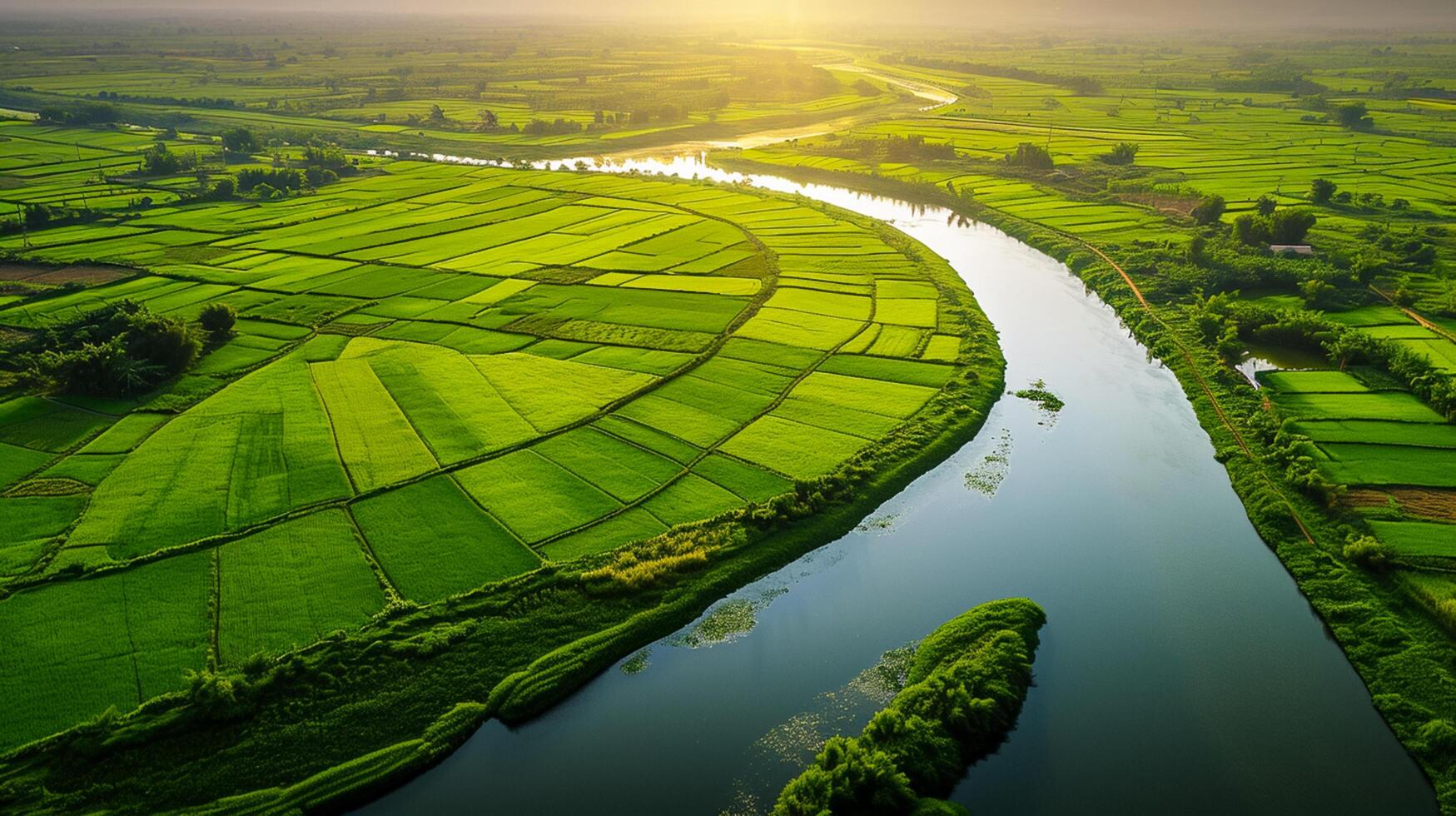 ai generiert üppig Grün Landschaft geschnitten durch Ruhe Fluss, das Sonne Gießen lange Schatten. das Fluss sollte Mäander durch das Landschaft, reflektieren das Himmel und Umgebung Grün ai generiert foto