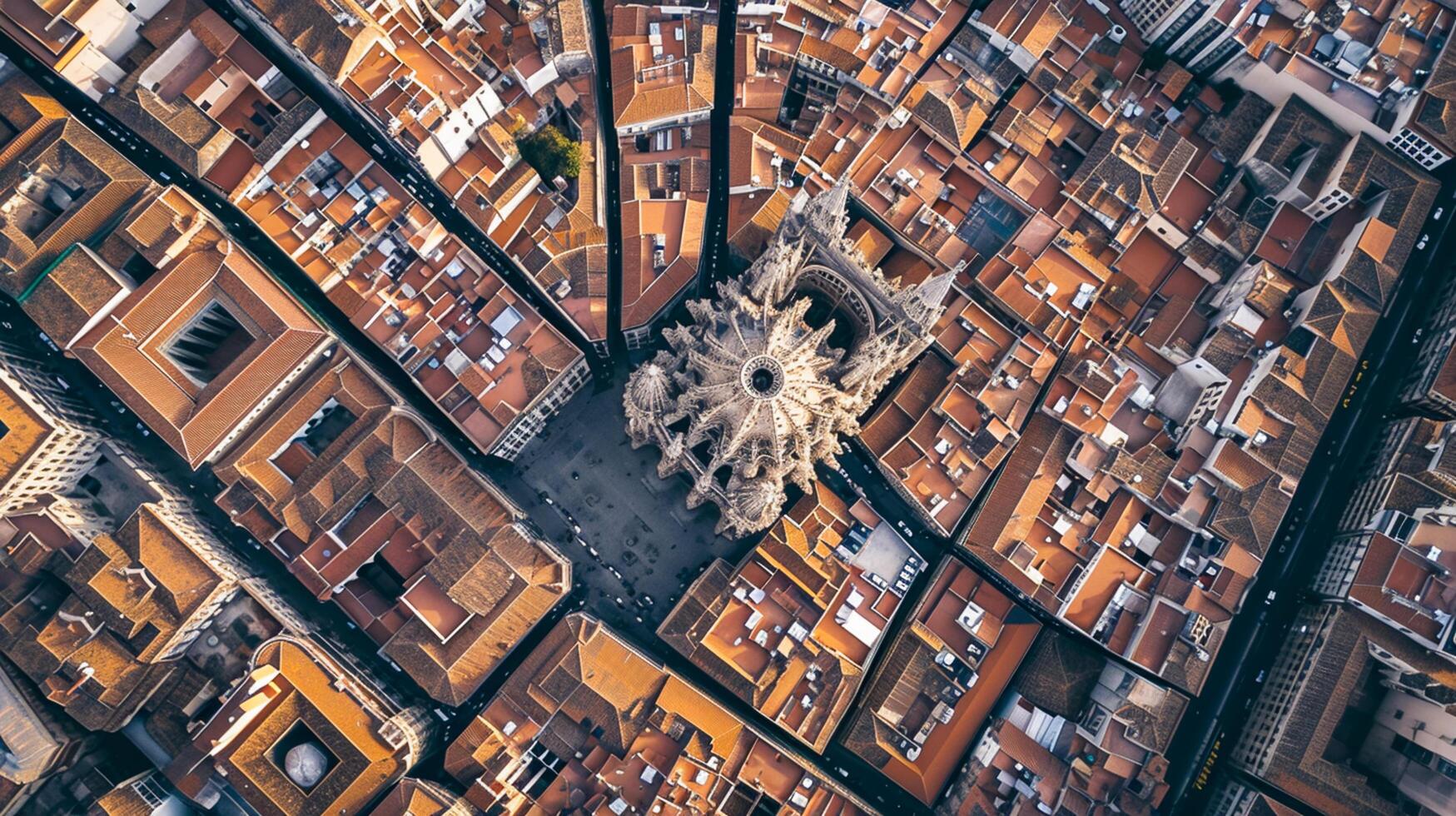 ai generiert Antenne Aussicht erfasst historisch Kathedrale umgeben durch dicht verpackt Stadtbild. das Stadt hat eng Straßen und braun Dächer, mit traditionell die Architektur ai generiert foto