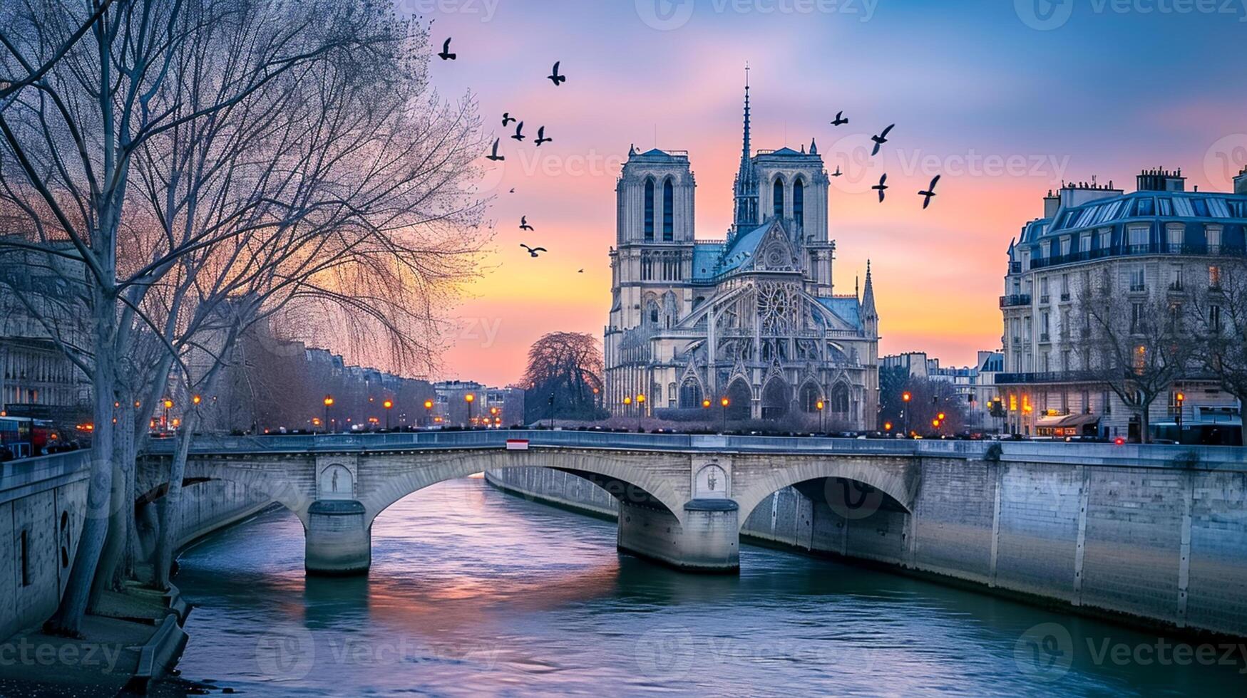 ai generiert Foto von das ikonisch notre Dame Kathedrale im Paris, mit heiter Fluss fließend im das Vordergrund und weich, bunt Himmel beim Dämmerung wie Hintergrund ai generiert